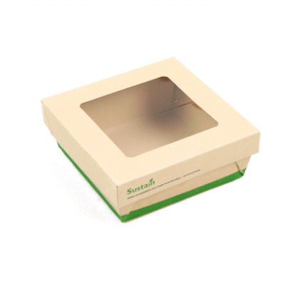 Sustain 27 oz Bamboo Paper Medium Take Out Container - with PLA Lining and Window, Compostable - 5 1/4" x 5 1/4" x 2" - 200 count box