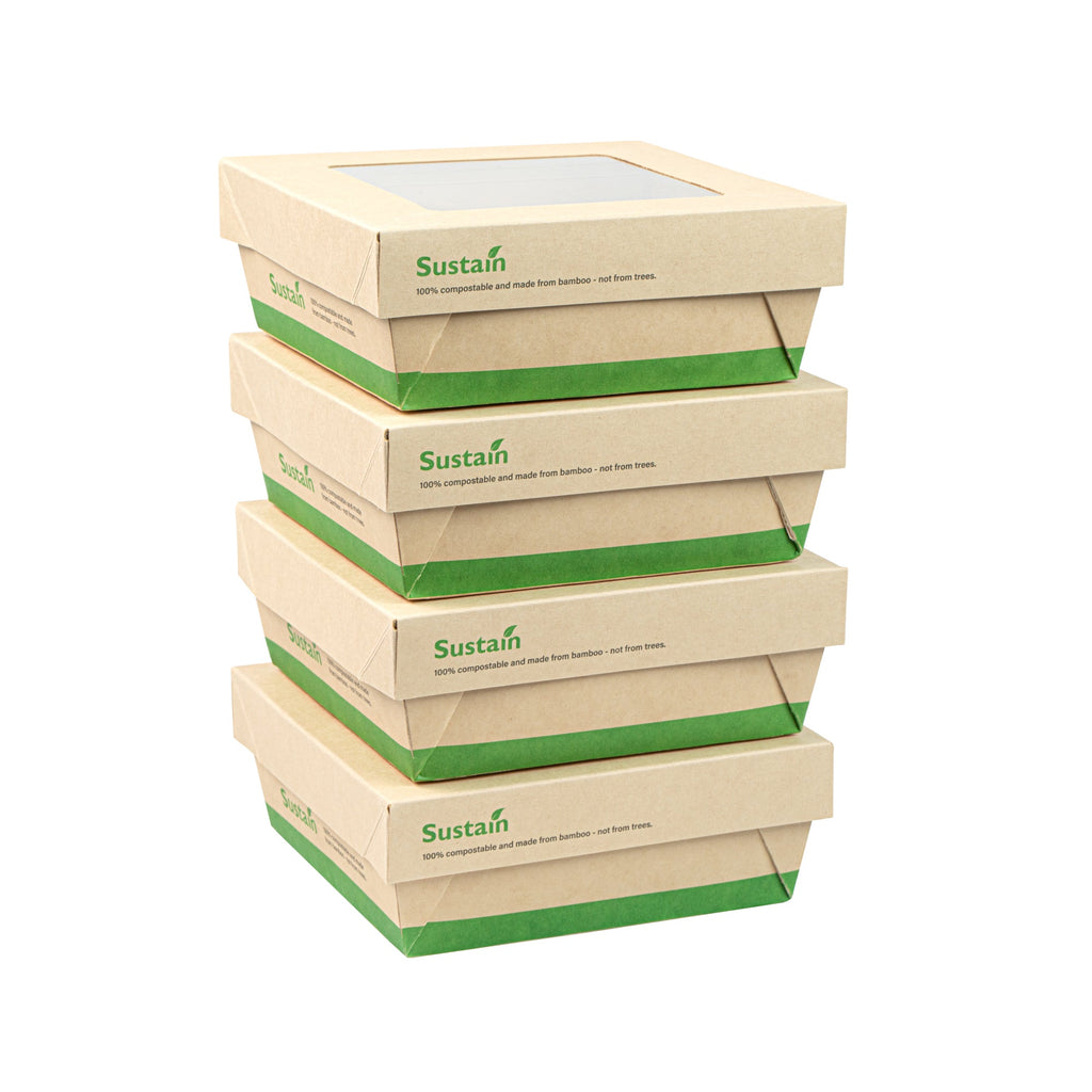 Sustain 27 oz Bamboo Paper Medium Take Out Container - with PLA Lining and Window, Compostable - 5 1/4" x 5 1/4" x 2" - 200 count box