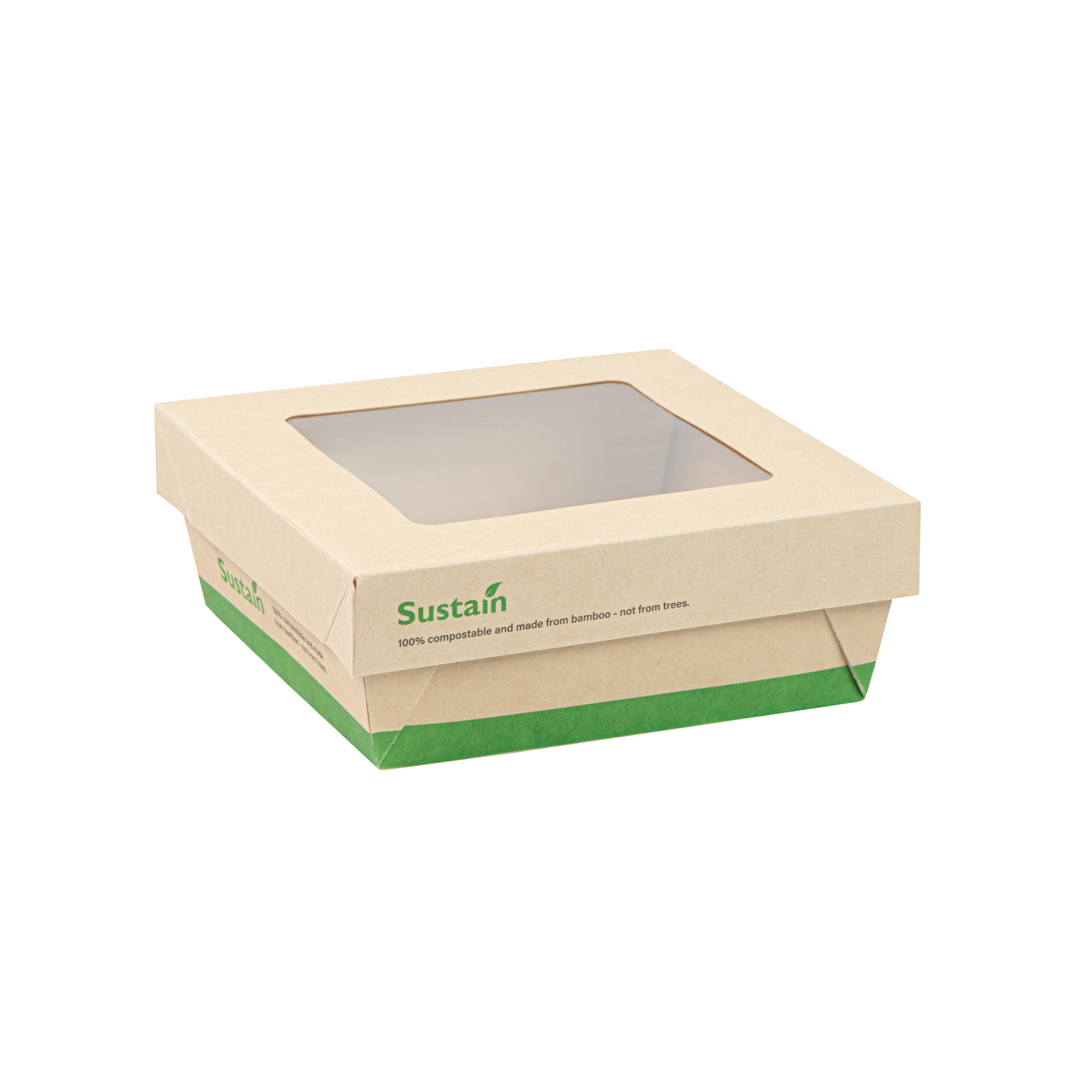 Sustain 27 oz Bamboo Paper Medium Take Out Container - with PLA Lining and Window, Compostable - 5 1/4" x 5 1/4" x 2" - 200 count box