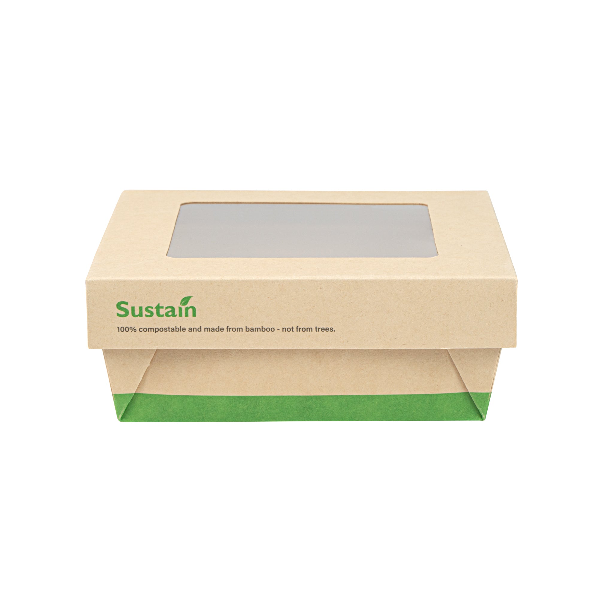 Sustain 27 oz Bamboo Paper Medium Take Out Container - with PLA Lining and Window, Compostable - 5 1/4" x 5 1/4" x 2" - 200 count box