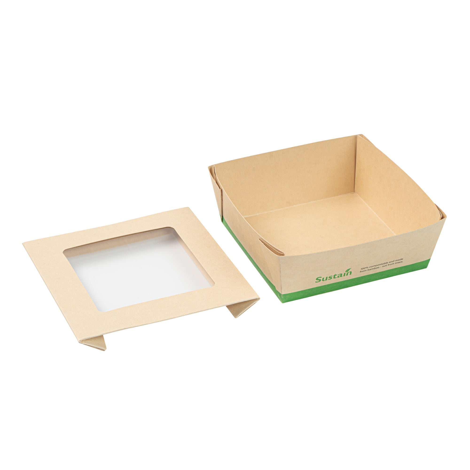 Sustain 27 oz Bamboo Paper Medium Take Out Container - with PLA Lining and Window, Compostable - 5 1/4" x 5 1/4" x 2" - 200 count box