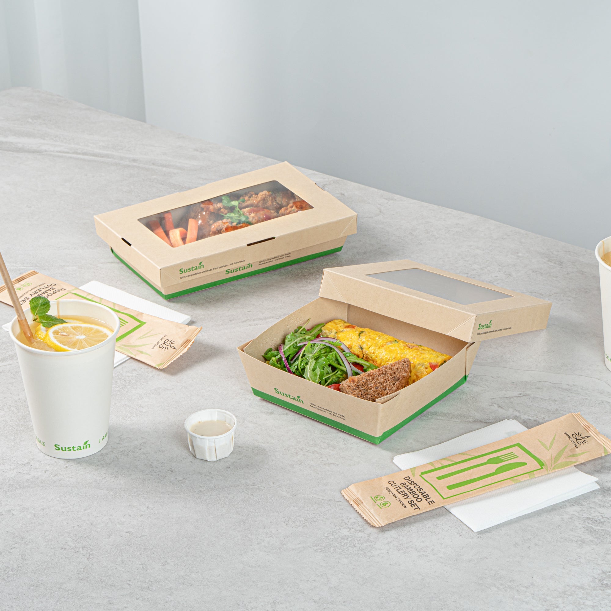 Sustain 34 oz Bamboo Paper Large Take Out Container - with PLA Lining and Window, Compostable - 6" x 6" x 2" - 200 count box