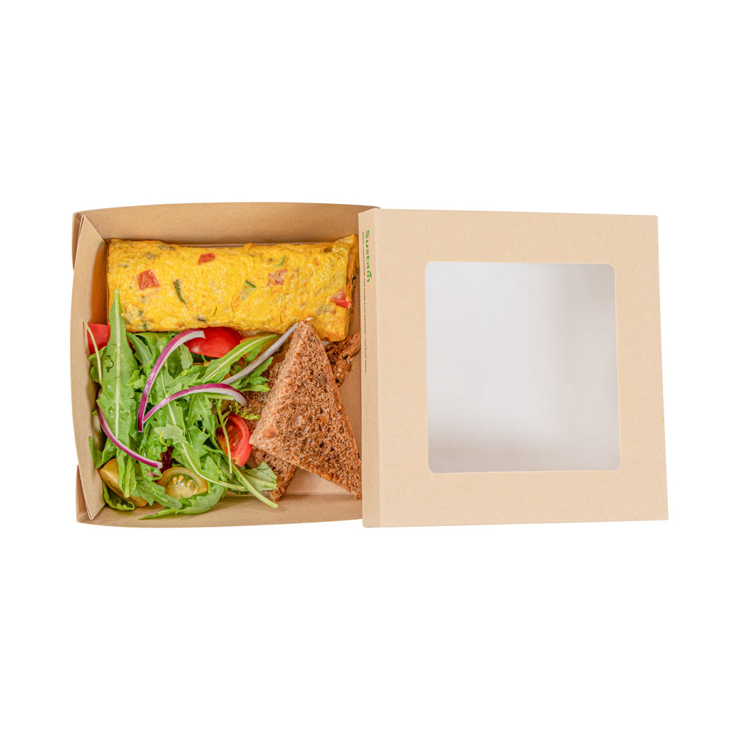 Sustain 34 oz Bamboo Paper Large Take Out Container - with PLA Lining and Window, Compostable - 6" x 6" x 2" - 50 count box