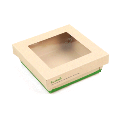 Sustain 34 oz Bamboo Paper Large Take Out Container - with PLA Lining and Window, Compostable - 6" x 6" x 2" - 50 count box