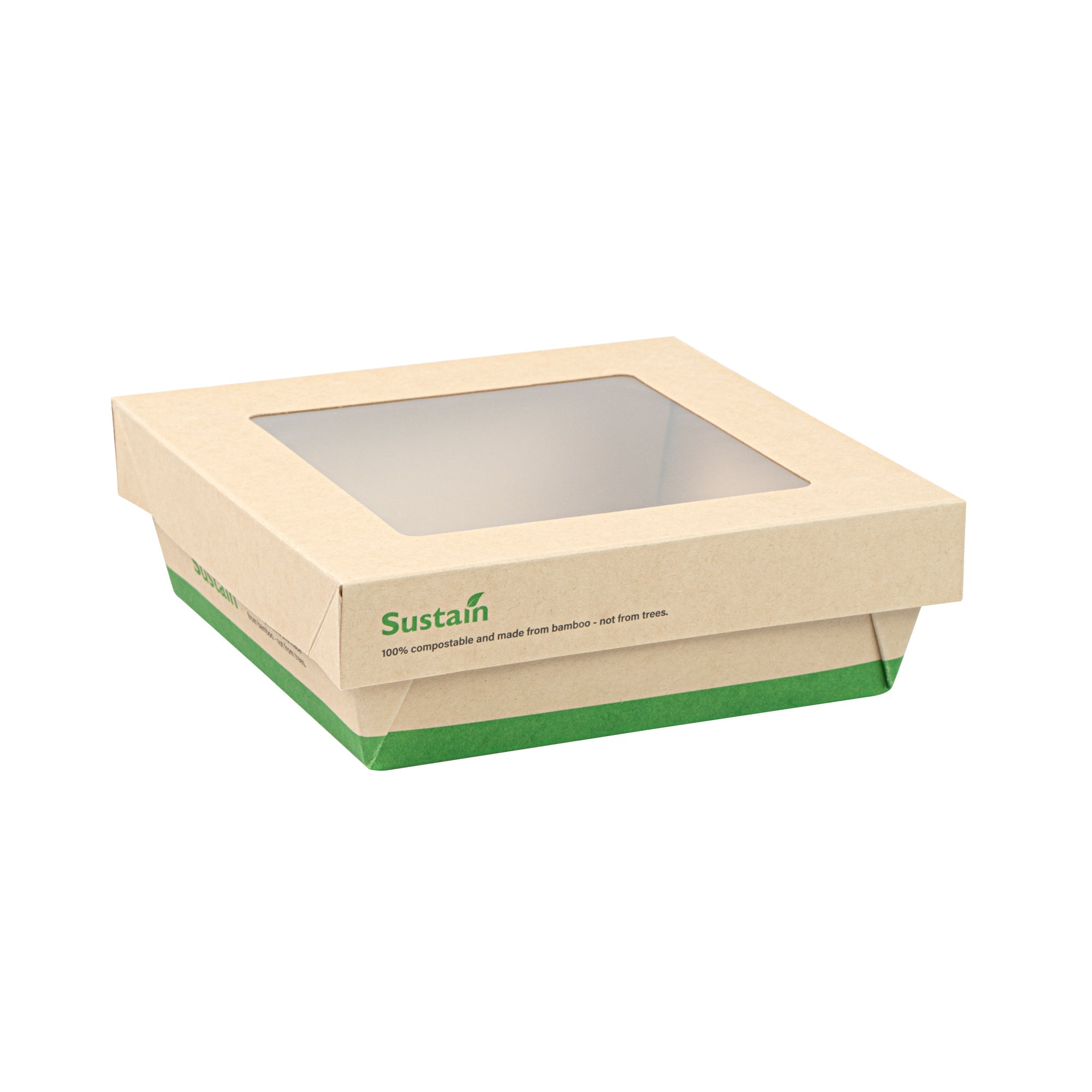 Sustain 34 oz Bamboo Paper Large Take Out Container - with PLA Lining and Window, Compostable - 6" x 6" x 2" - 50 count box
