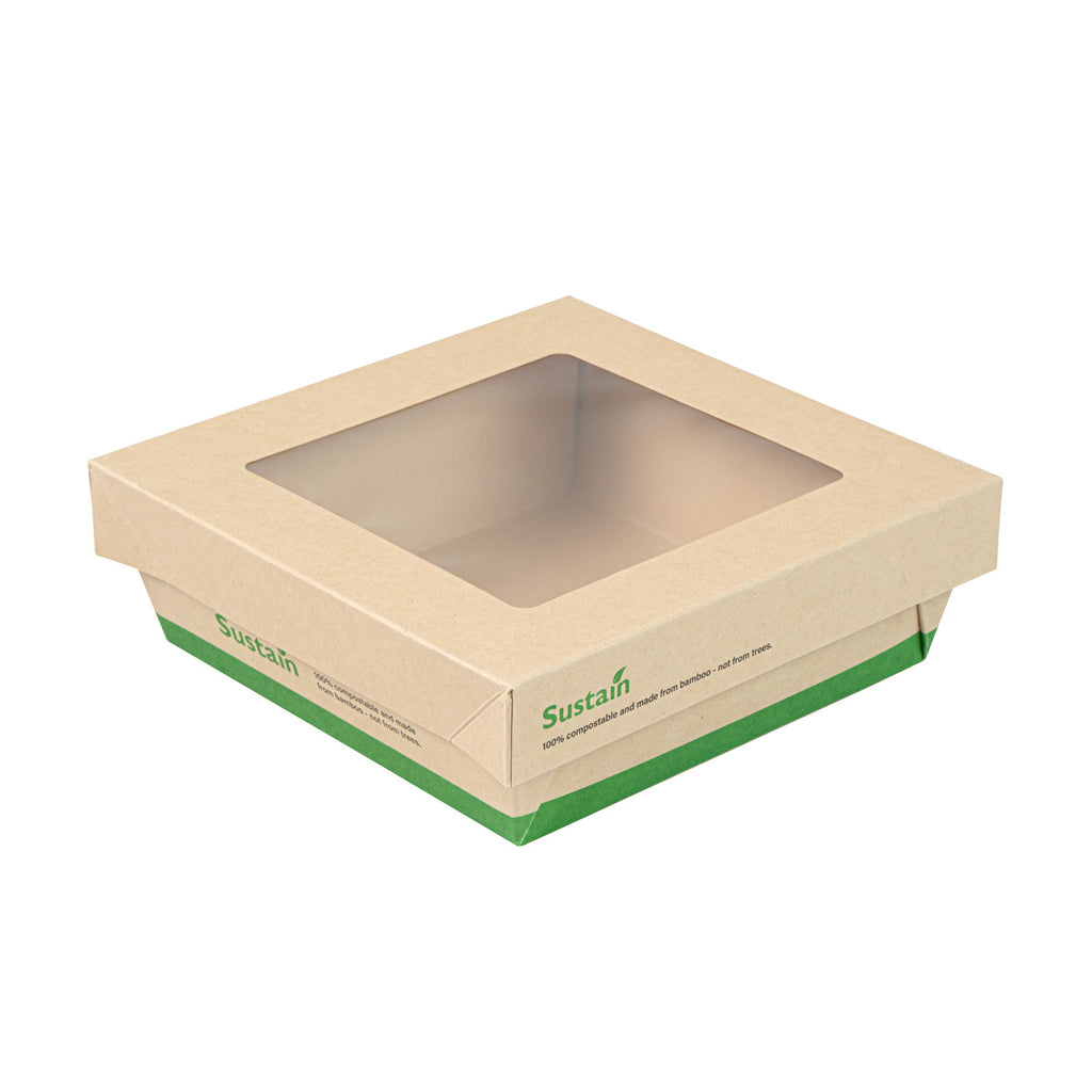 Sustain 34 oz Bamboo Paper Large Take Out Container - with PLA Lining and Window, Compostable - 6" x 6" x 2" - 50 count box