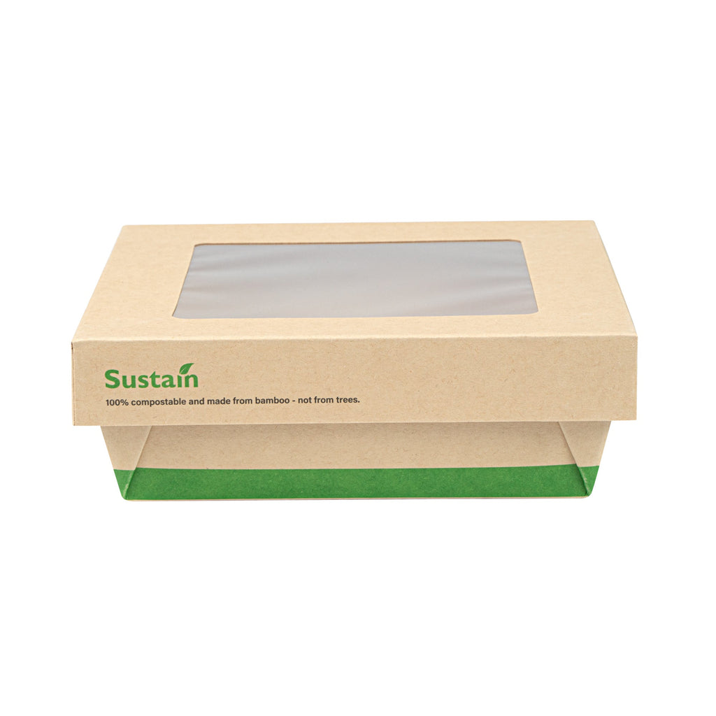 Sustain 34 oz Bamboo Paper Large Take Out Container - with PLA Lining and Window, Compostable - 6" x 6" x 2" - 50 count box