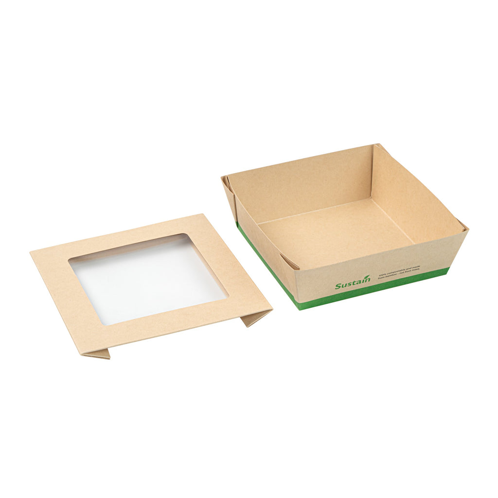 Sustain 34 oz Bamboo Paper Large Take Out Container - with PLA Lining and Window, Compostable - 6" x 6" x 2" - 50 count box