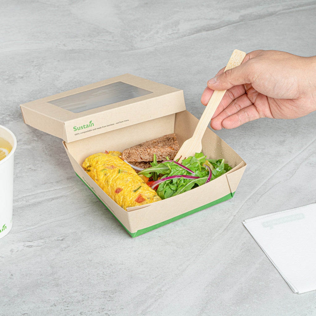 Sustain 34 oz Bamboo Paper Large Take Out Container - with PLA Lining and Window, Compostable - 6" x 6" x 2" - 50 count box