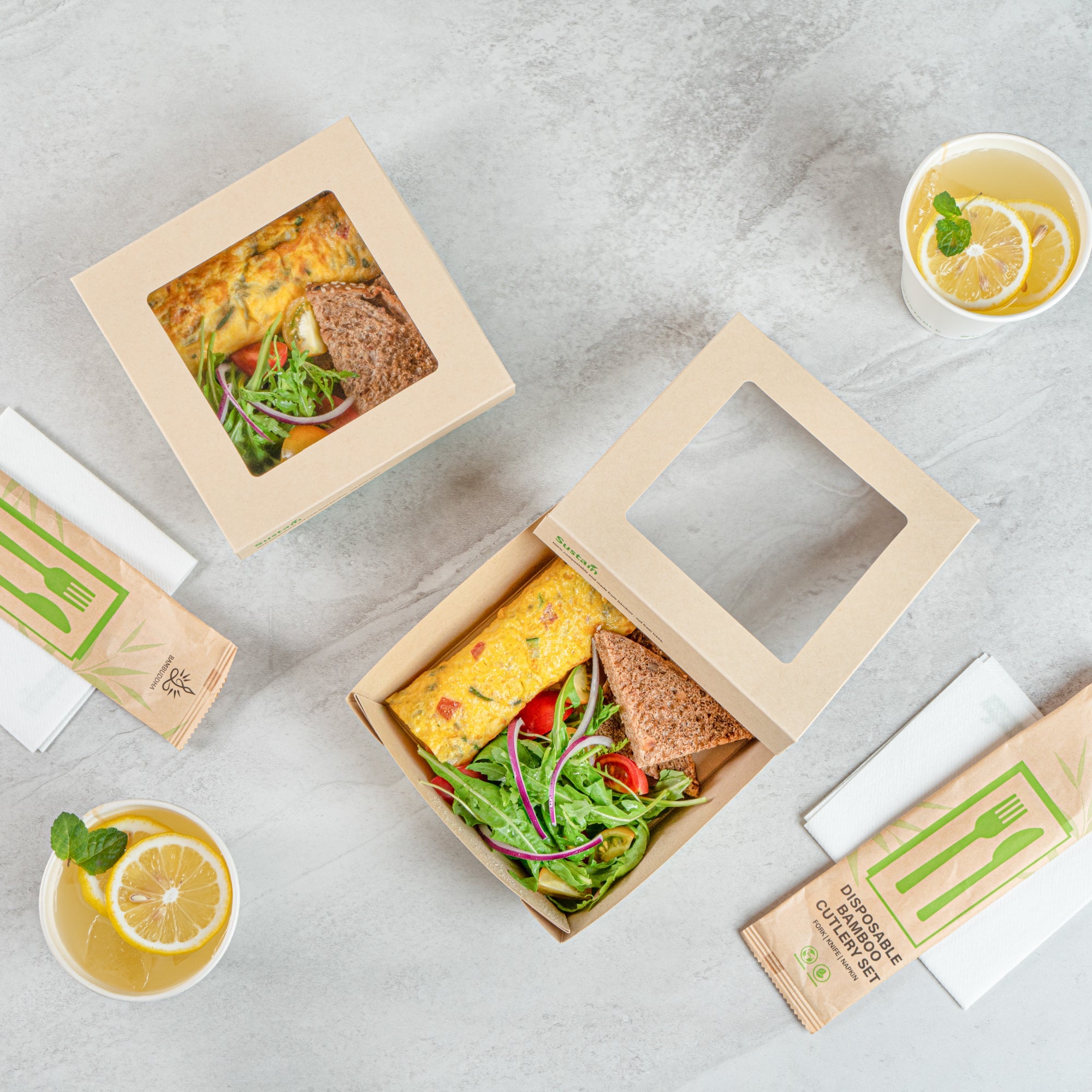 Sustain 34 oz Bamboo Paper Large Take Out Container - with PLA Lining and Window, Compostable - 6" x 6" x 2" - 50 count box