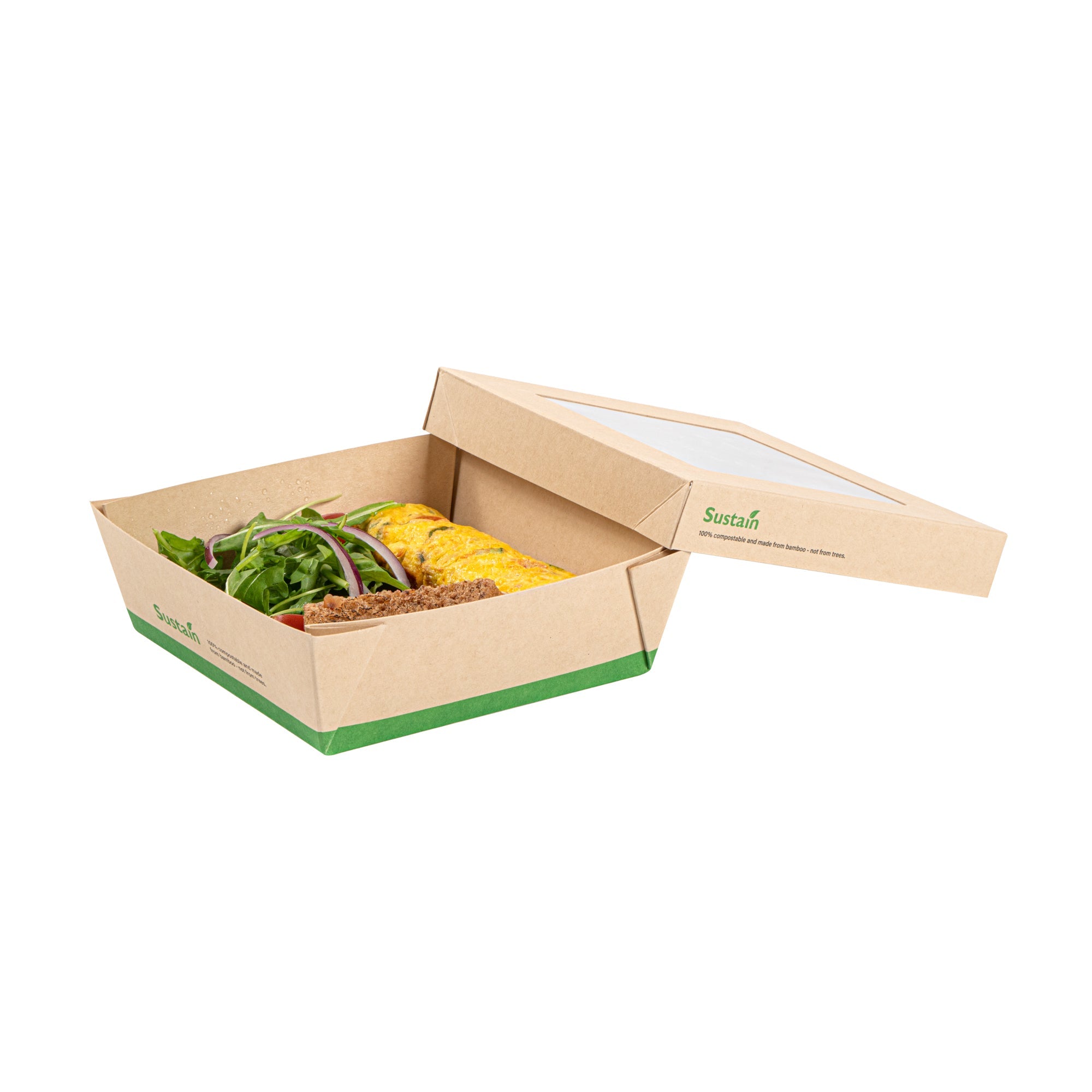 Sustain 34 oz Bamboo Paper Large Take Out Container - with PLA Lining and Window, Compostable - 6" x 6" x 2" - 200 count box