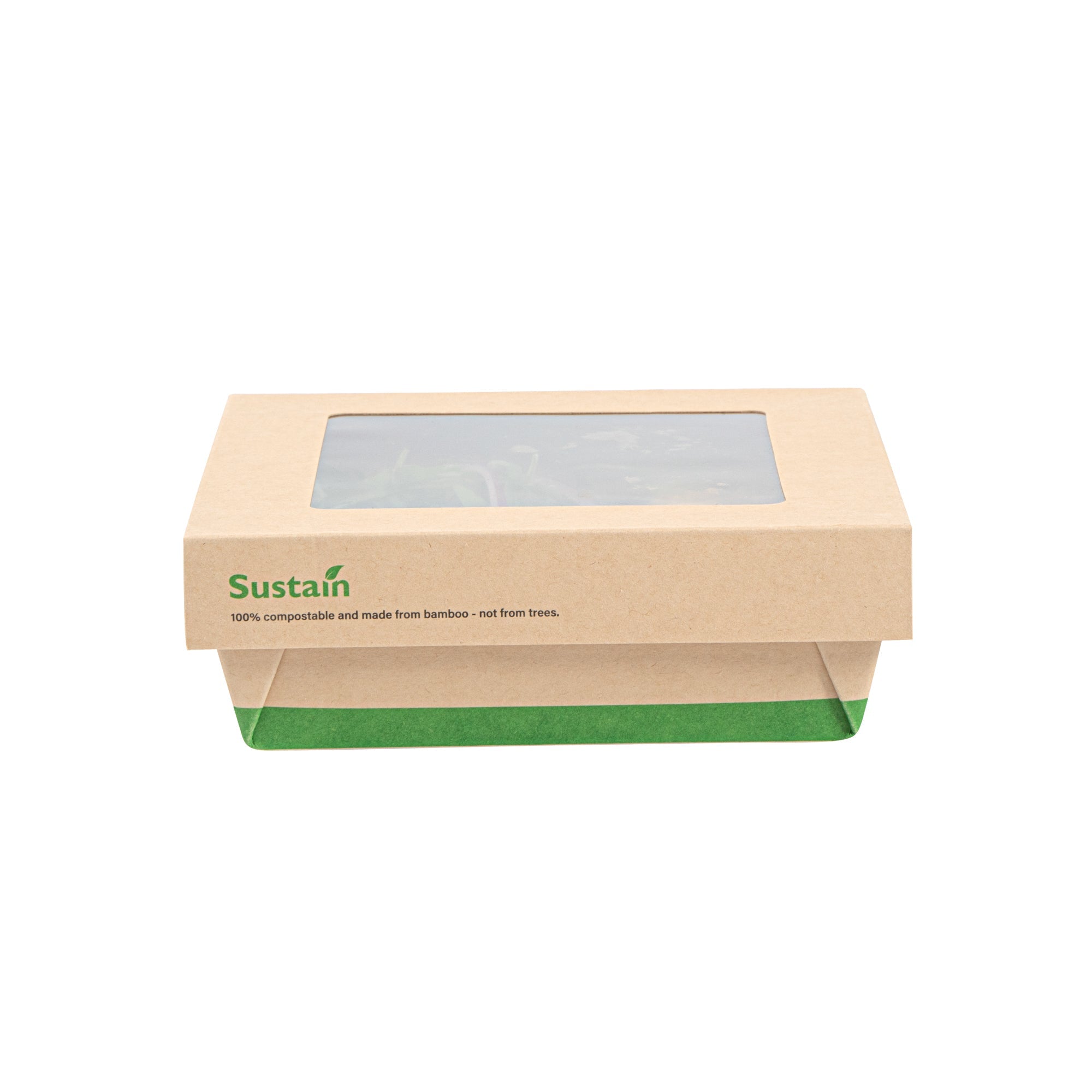 Sustain 34 oz Bamboo Paper Large Take Out Container - with PLA Lining and Window, Compostable - 6" x 6" x 2" - 200 count box