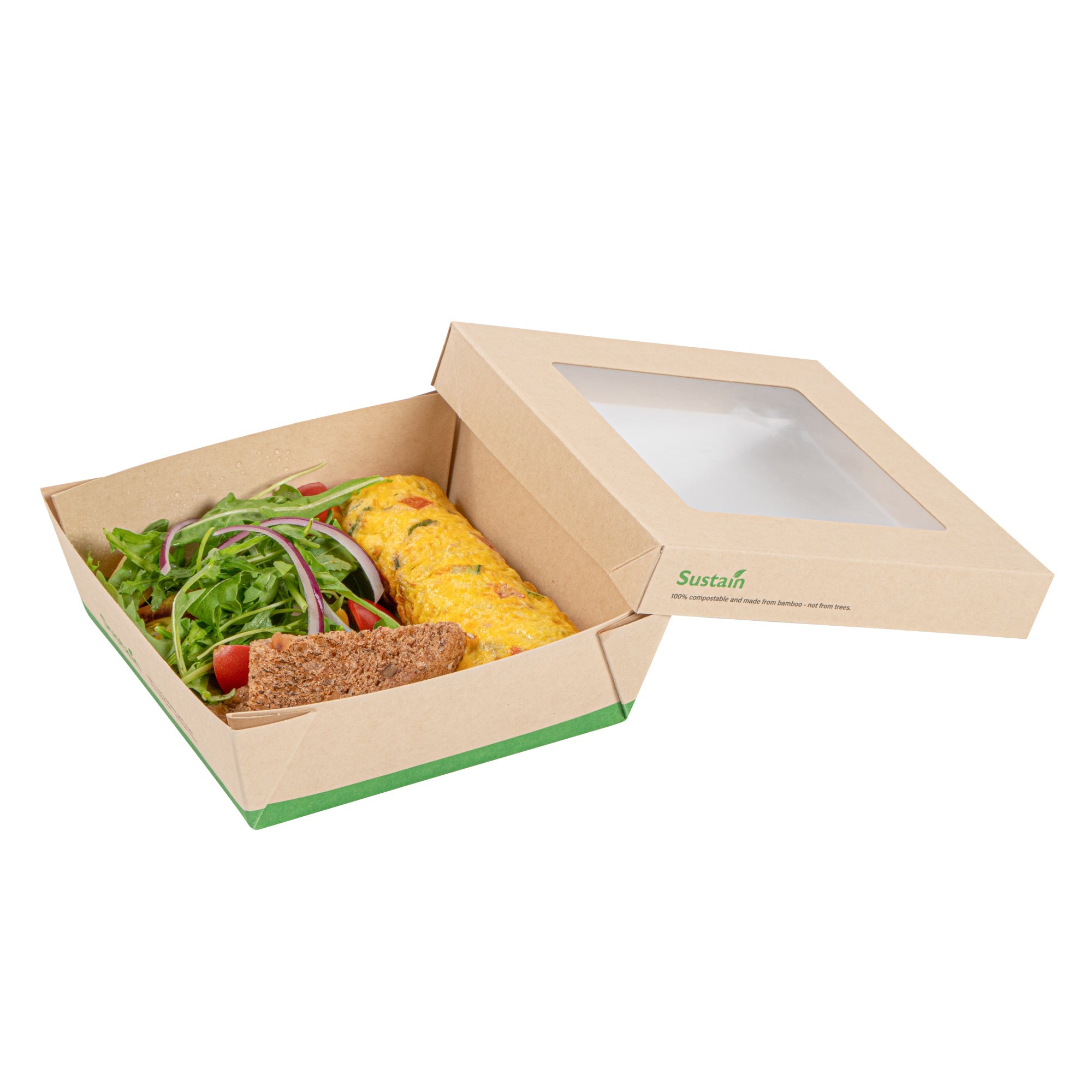 Sustain 34 oz Bamboo Paper Large Take Out Container - with PLA Lining and Window, Compostable - 6" x 6" x 2" - 200 count box