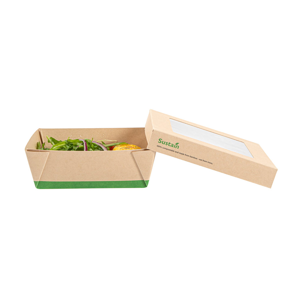 Sustain 34 oz Bamboo Paper Large Take Out Container - with PLA Lining and Window, Compostable - 6" x 6" x 2" - 200 count box
