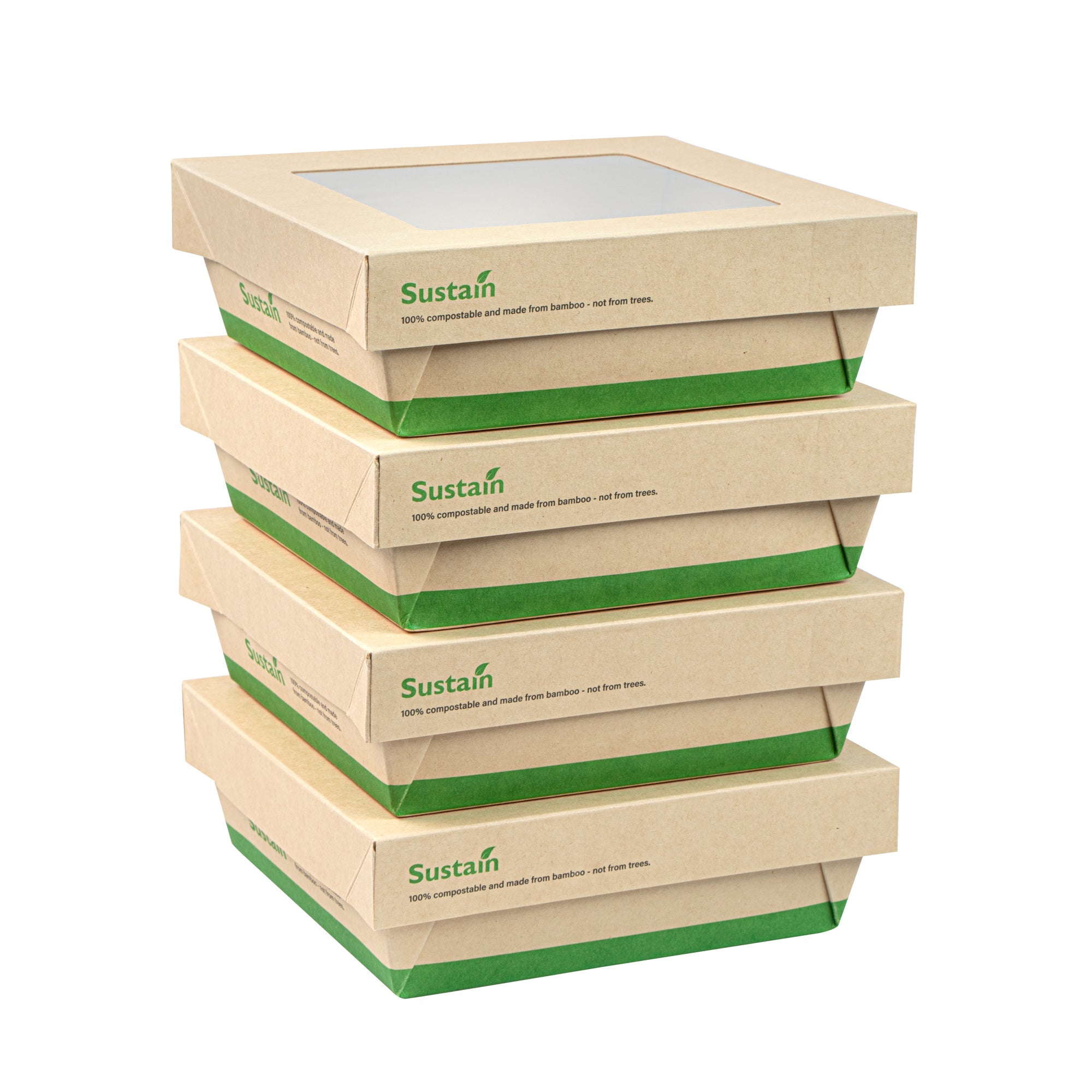 Sustain 34 oz Bamboo Paper Large Take Out Container - with PLA Lining and Window, Compostable - 6" x 6" x 2" - 200 count box
