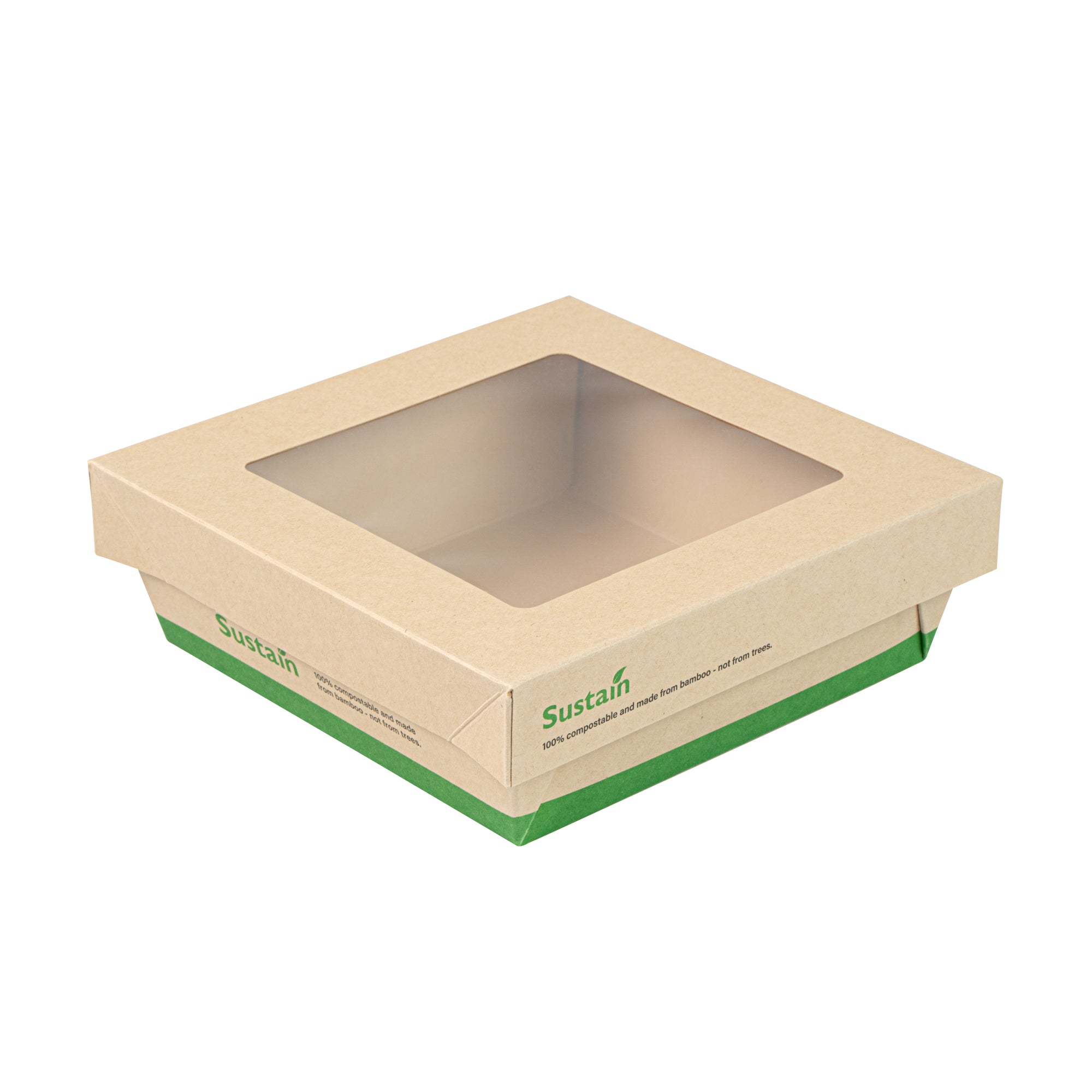 Sustain 34 oz Bamboo Paper Large Take Out Container - with PLA Lining and Window, Compostable - 6" x 6" x 2" - 200 count box
