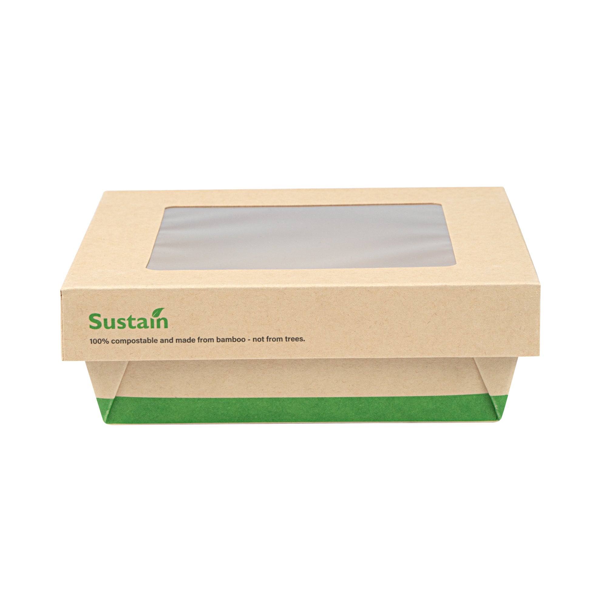 Sustain 34 oz Bamboo Paper Large Take Out Container - with PLA Lining and Window, Compostable - 6" x 6" x 2" - 200 count box