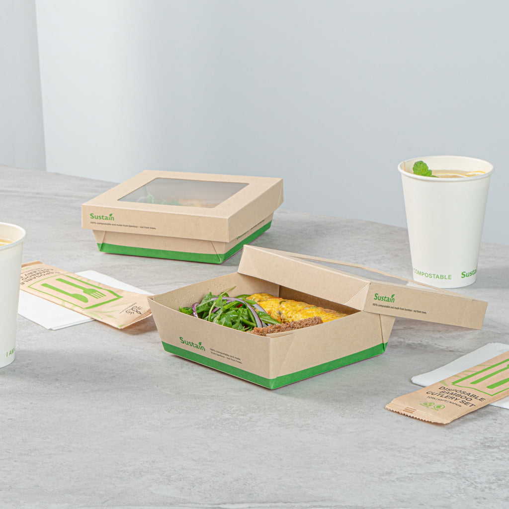 Sustain 34 oz Bamboo Paper Large Take Out Container - with PLA Lining and Window, Compostable - 6" x 6" x 2" - 200 count box