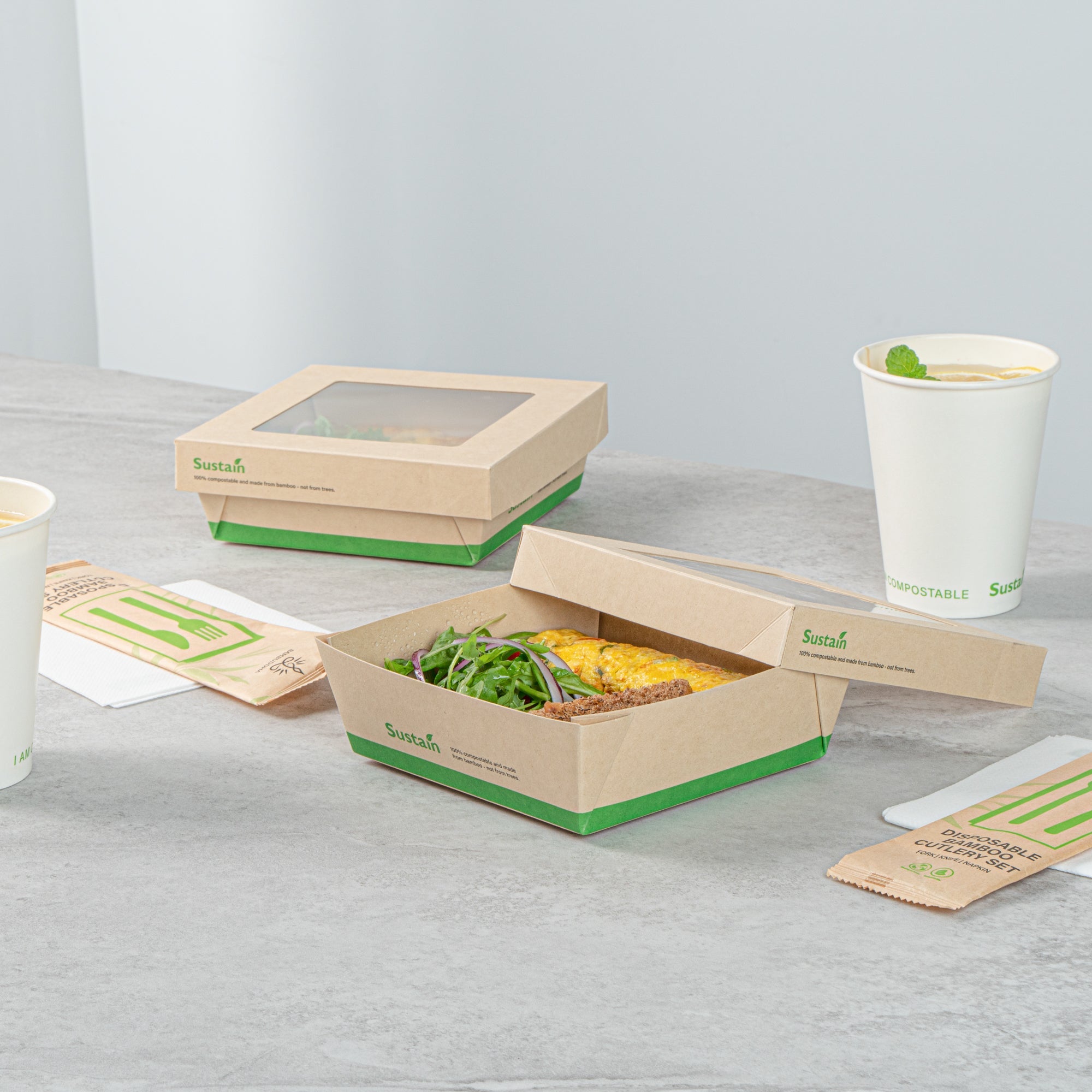 Sustain 34 oz Bamboo Paper Large Take Out Container - with PLA Lining and Window, Compostable - 6" x 6" x 2" - 200 count box