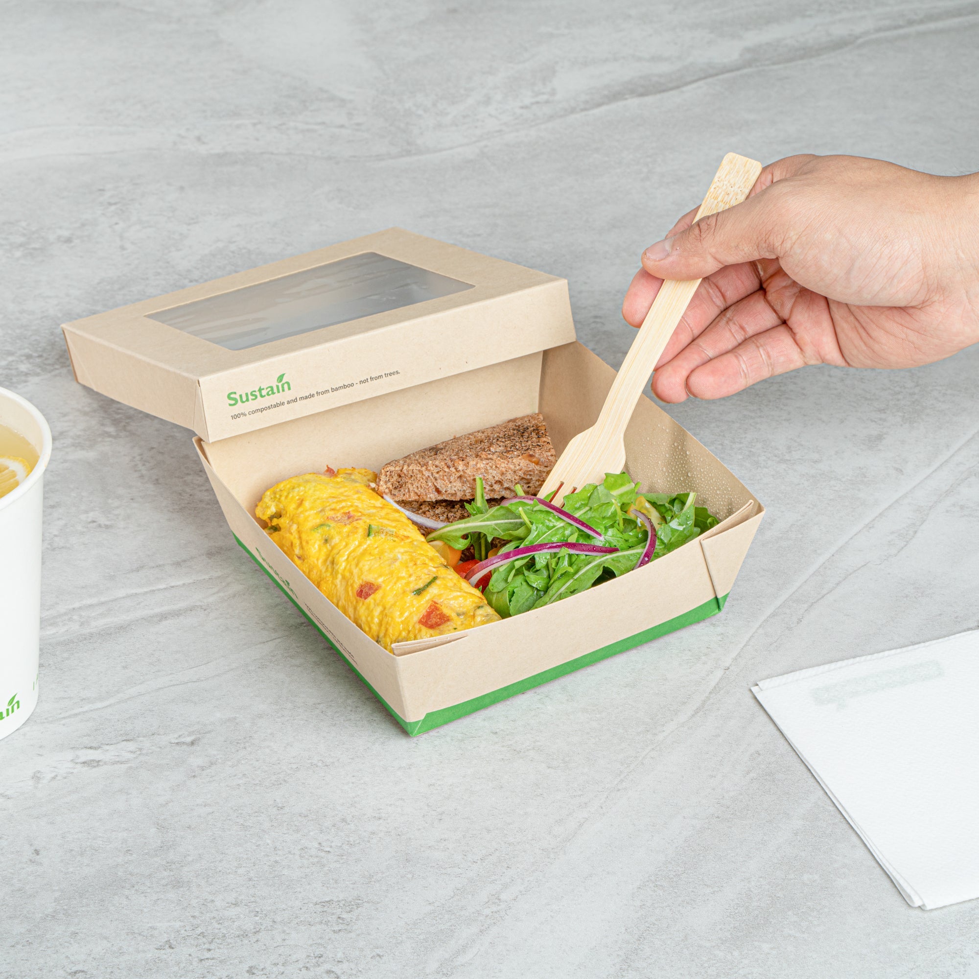Sustain 34 oz Bamboo Paper Large Take Out Container - with PLA Lining and Window, Compostable - 6" x 6" x 2" - 200 count box