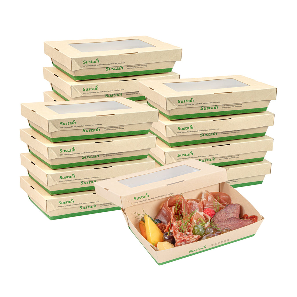 Sustain 28 oz Bamboo Paper Small Take Out Container - with PLA Lining and Window, Compostable - 7 1/2" x 5" x 1 1/2" - 200 count box