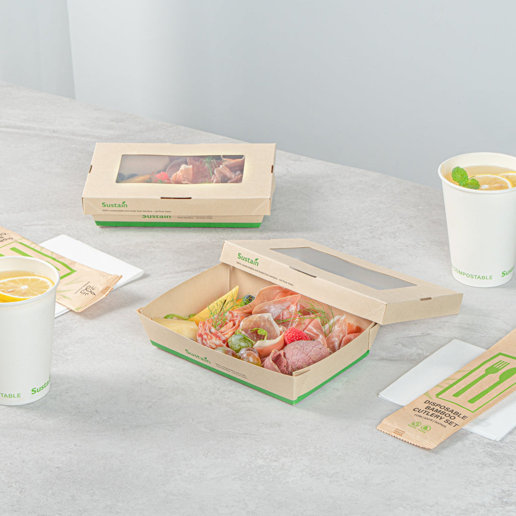 Sustain 28 oz Bamboo Paper Small Take Out Container - with PLA Lining and Window, Compostable - 7 1/2" x 5" x 1 1/2" - 200 count box