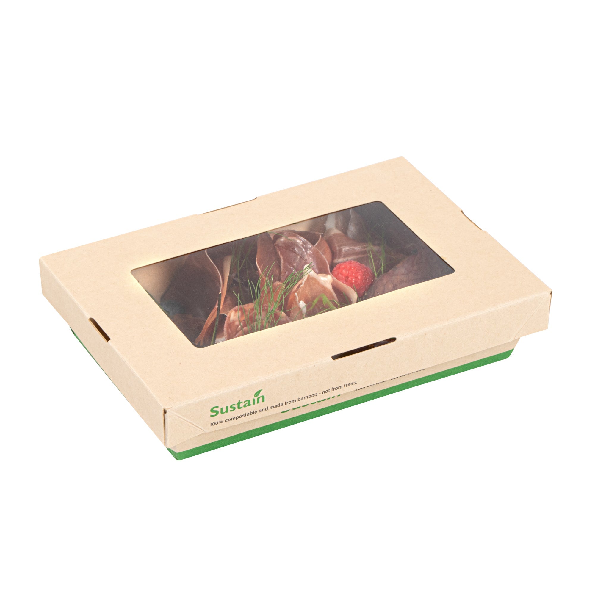 Sustain 28 oz Bamboo Paper Small Take Out Container - with PLA Lining and Window, Compostable - 7 1/2" x 5" x 1 1/2" - 50 count box
