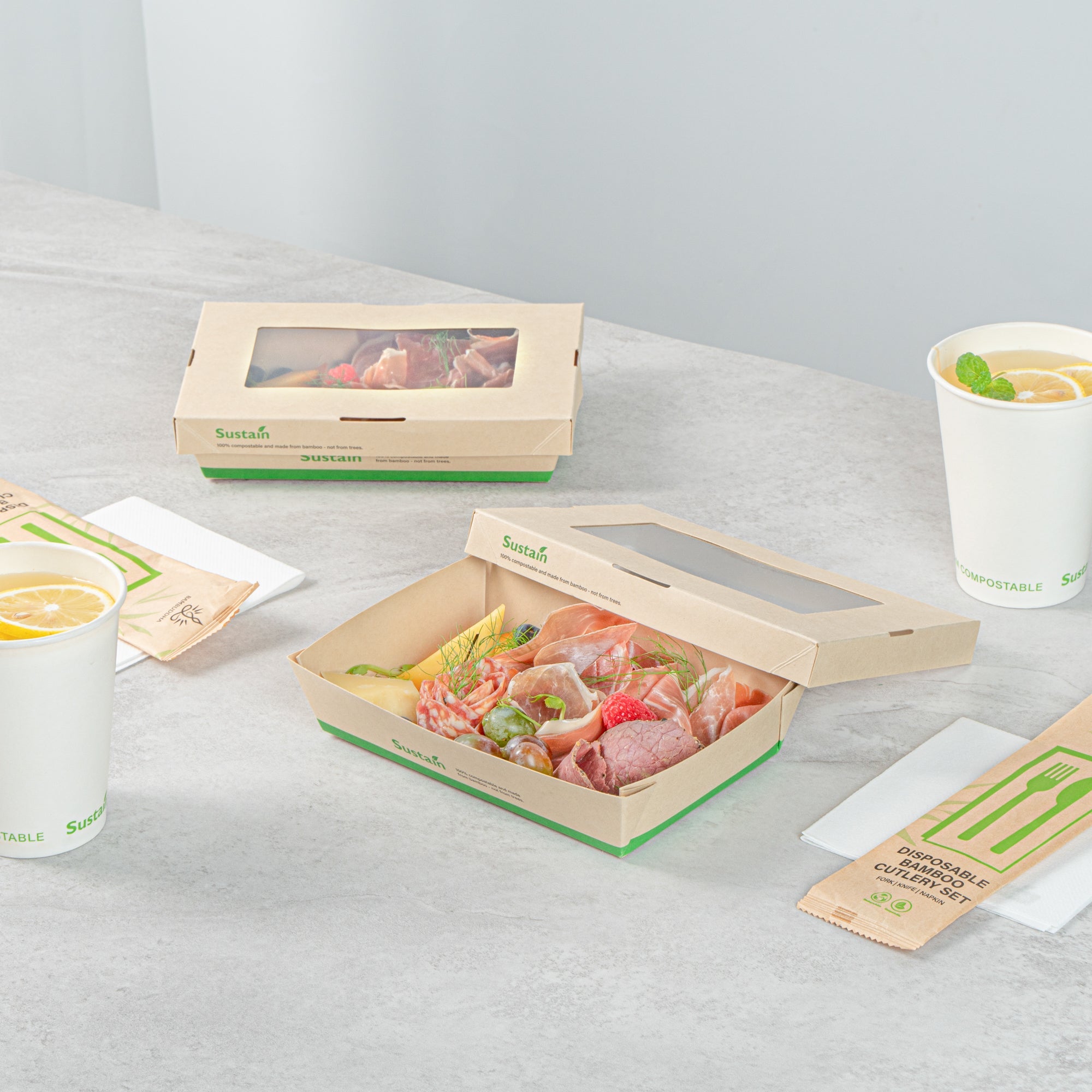 Sustain 28 oz Bamboo Paper Small Take Out Container - with PLA Lining and Window, Compostable - 7 1/2" x 5" x 1 1/2" - 50 count box