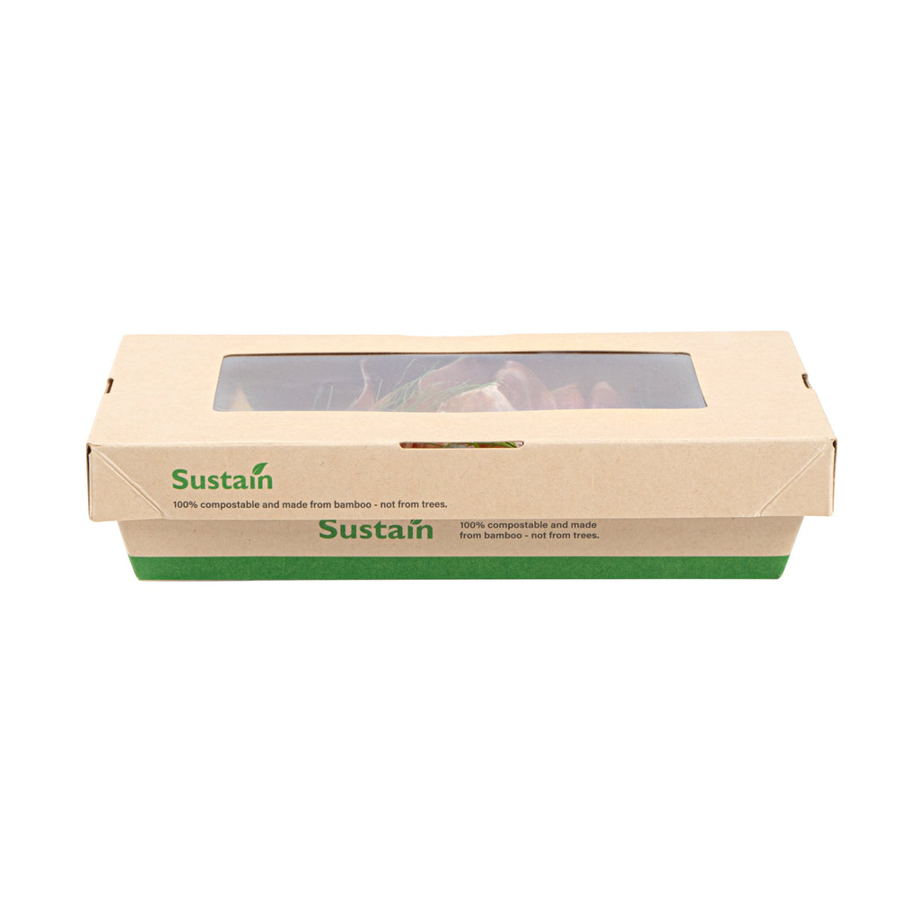 Sustain 28 oz Bamboo Paper Small Take Out Container - with PLA Lining and Window, Compostable - 7 1/2" x 5" x 1 1/2" - 50 count box