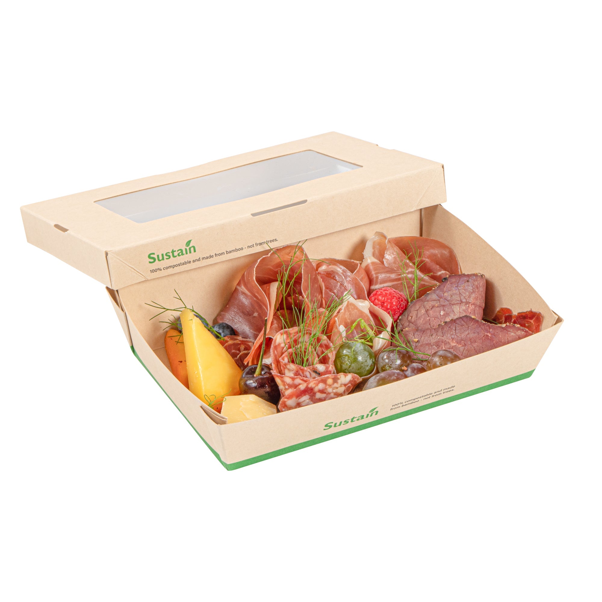 Sustain 28 oz Bamboo Paper Small Take Out Container - with PLA Lining and Window, Compostable - 7 1/2" x 5" x 1 1/2" - 50 count box