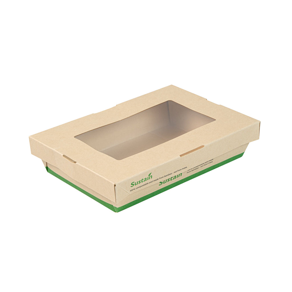 Sustain 28 oz Bamboo Paper Small Take Out Container - with PLA Lining and Window, Compostable - 7 1/2" x 5" x 1 1/2" - 50 count box