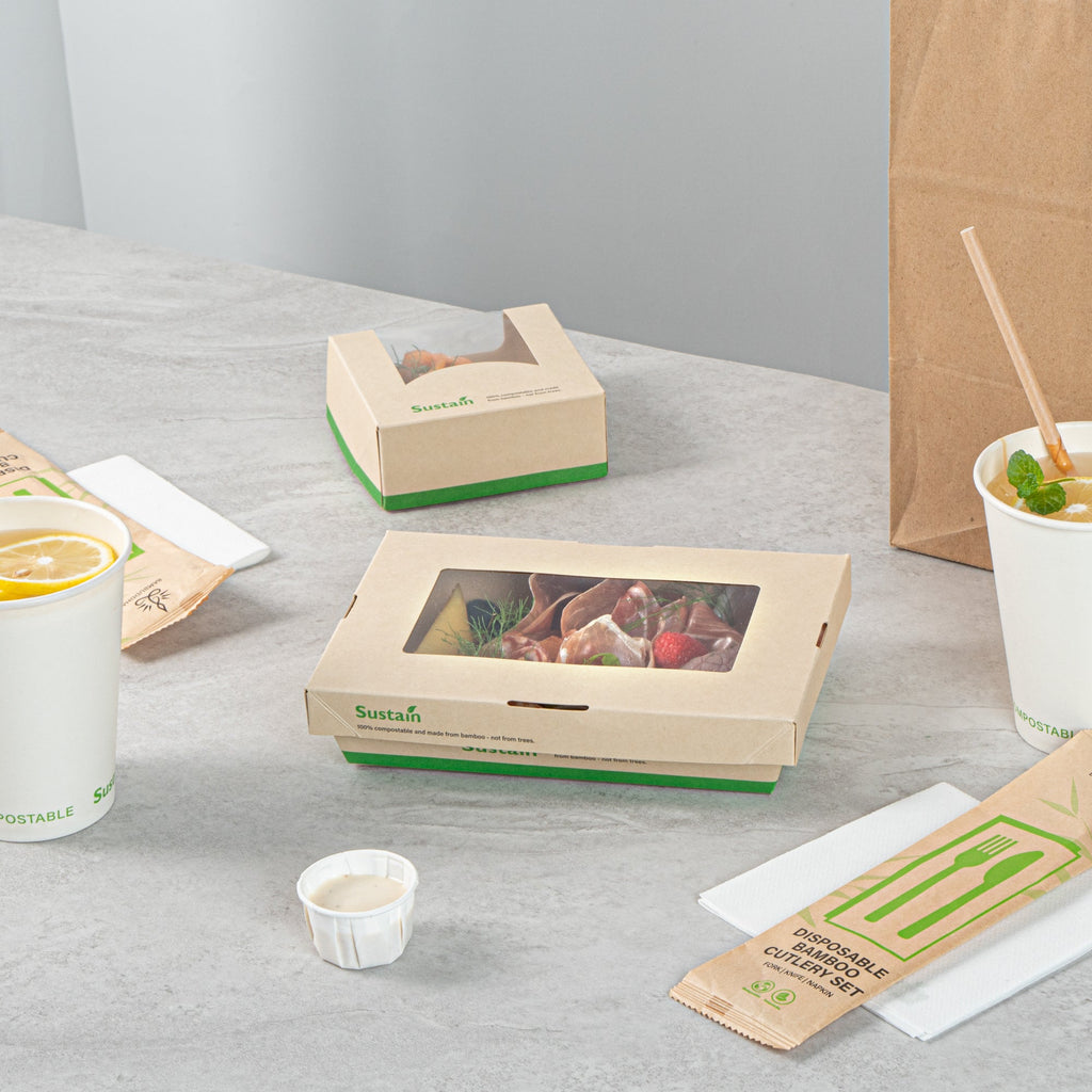 Sustain 28 oz Bamboo Paper Small Take Out Container - with PLA Lining and Window, Compostable - 7 1/2" x 5" x 1 1/2" - 50 count box