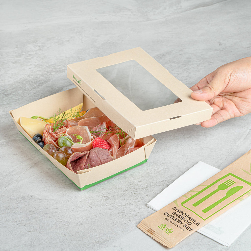 Sustain 28 oz Bamboo Paper Small Take Out Container - with PLA Lining and Window, Compostable - 7 1/2" x 5" x 1 1/2" - 50 count box