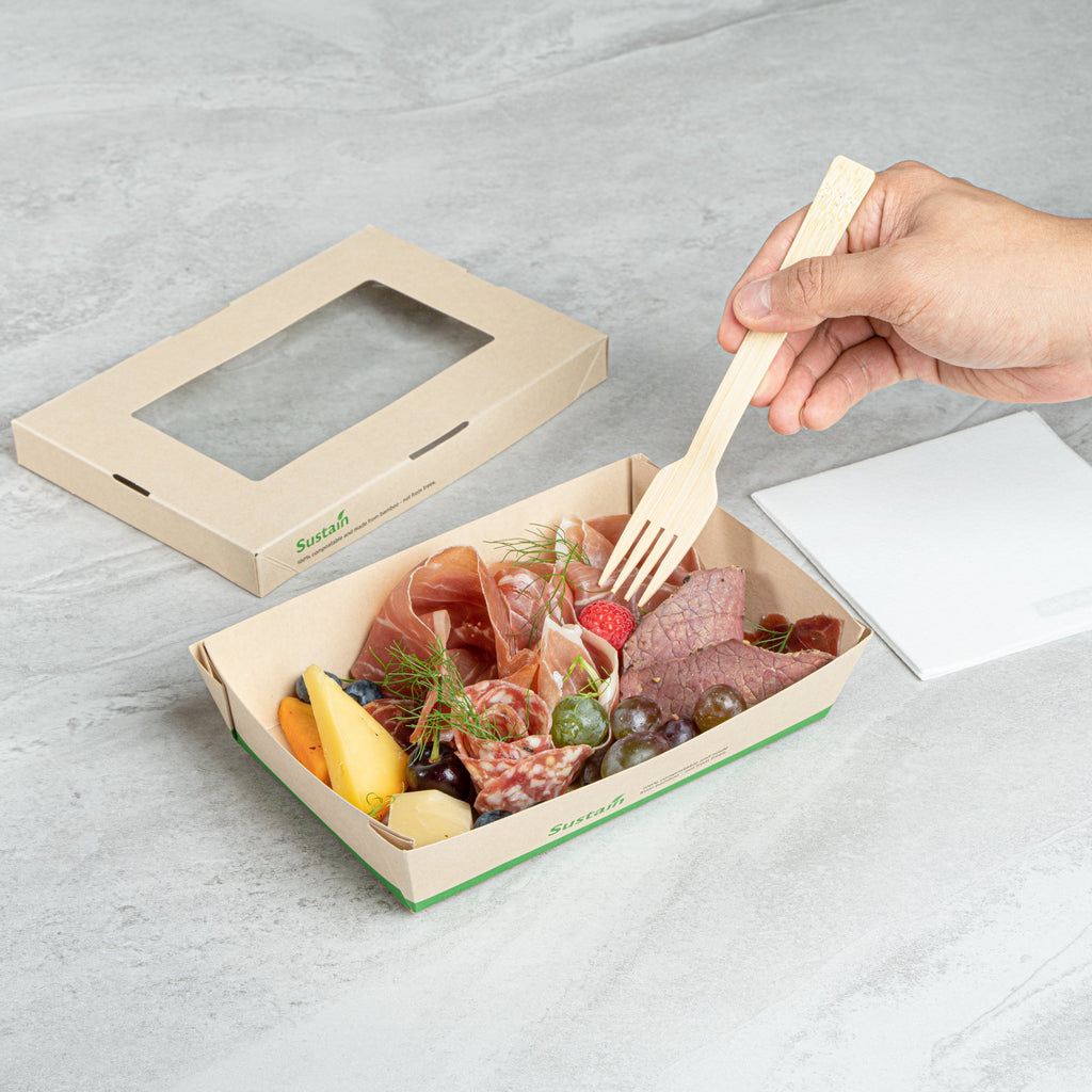 Sustain 28 oz Bamboo Paper Small Take Out Container - with PLA Lining and Window, Compostable - 7 1/2" x 5" x 1 1/2" - 50 count box