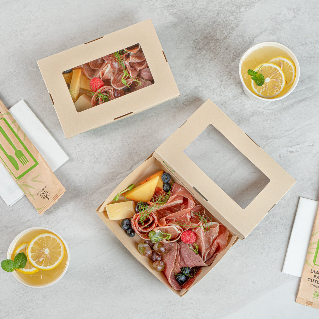 Sustain 28 oz Bamboo Paper Small Take Out Container - with PLA Lining and Window, Compostable - 7 1/2" x 5" x 1 1/2" - 50 count box