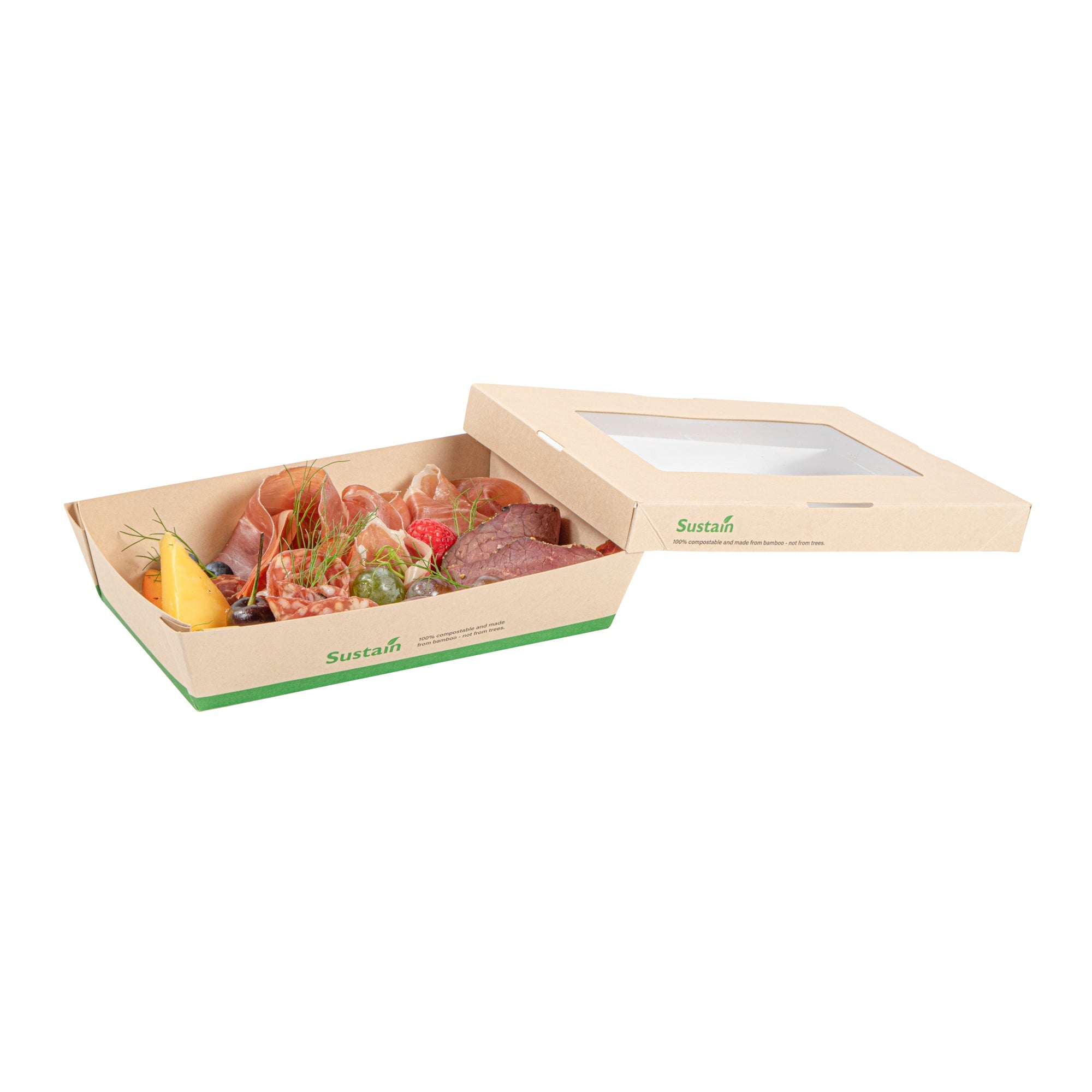 Sustain 28 oz Bamboo Paper Small Take Out Container - with PLA Lining and Window, Compostable - 7 1/2" x 5" x 1 1/2" - 200 count box