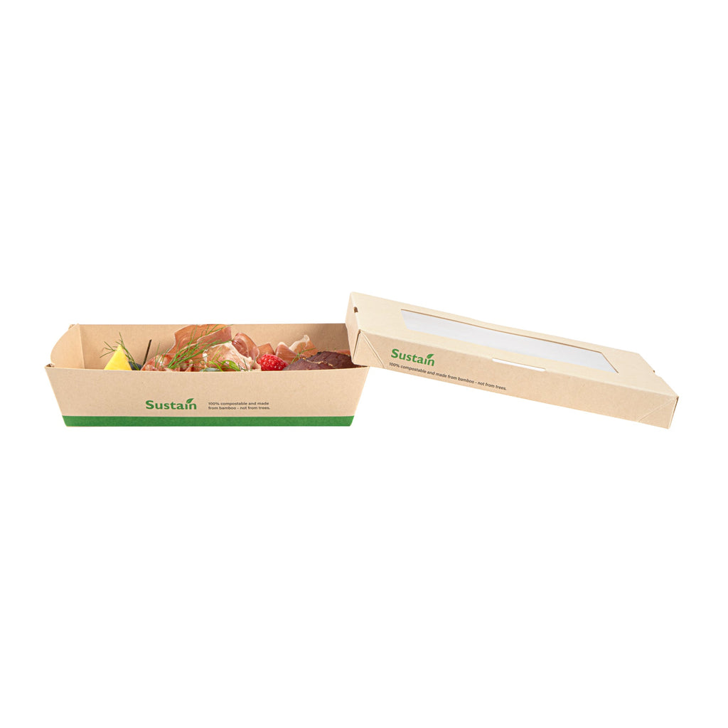 Sustain 28 oz Bamboo Paper Small Take Out Container - with PLA Lining and Window, Compostable - 7 1/2" x 5" x 1 1/2" - 200 count box