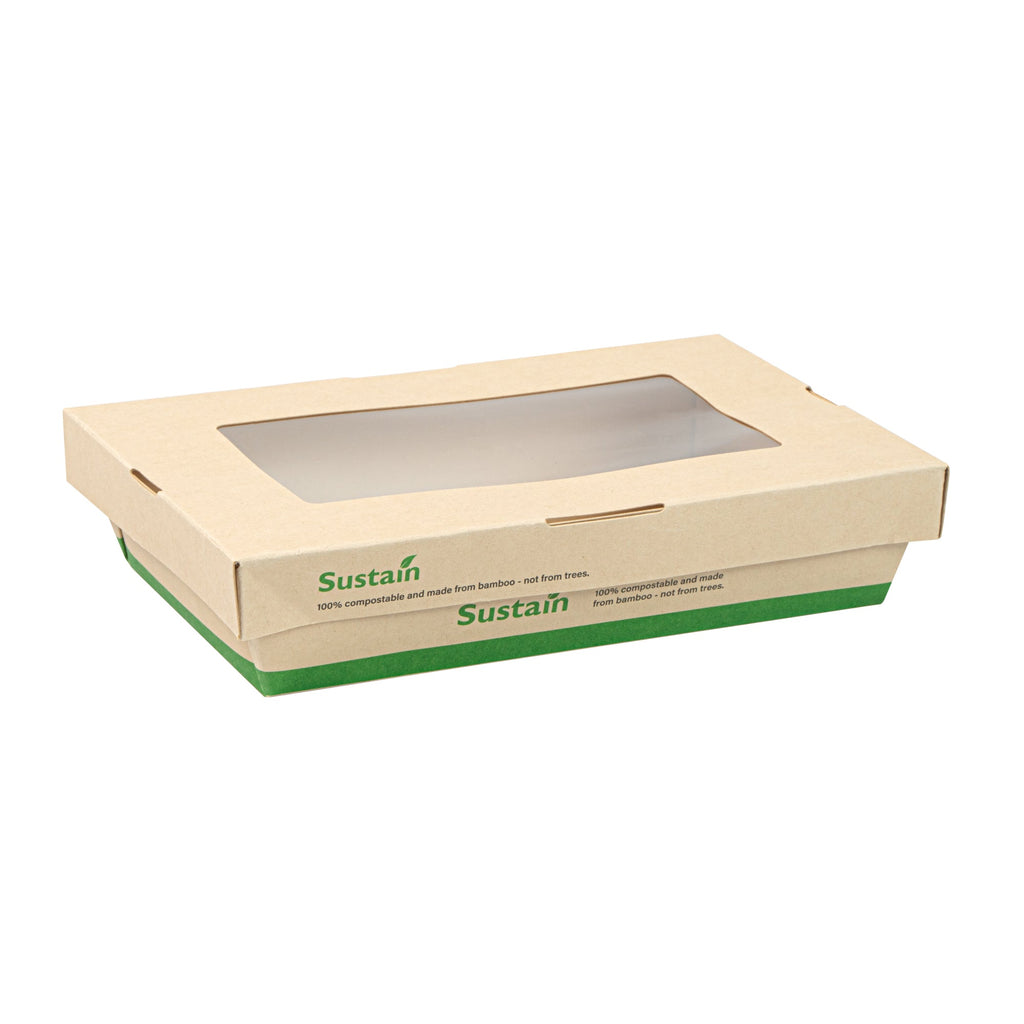 Sustain 28 oz Bamboo Paper Small Take Out Container - with PLA Lining and Window, Compostable - 7 1/2" x 5" x 1 1/2" - 200 count box