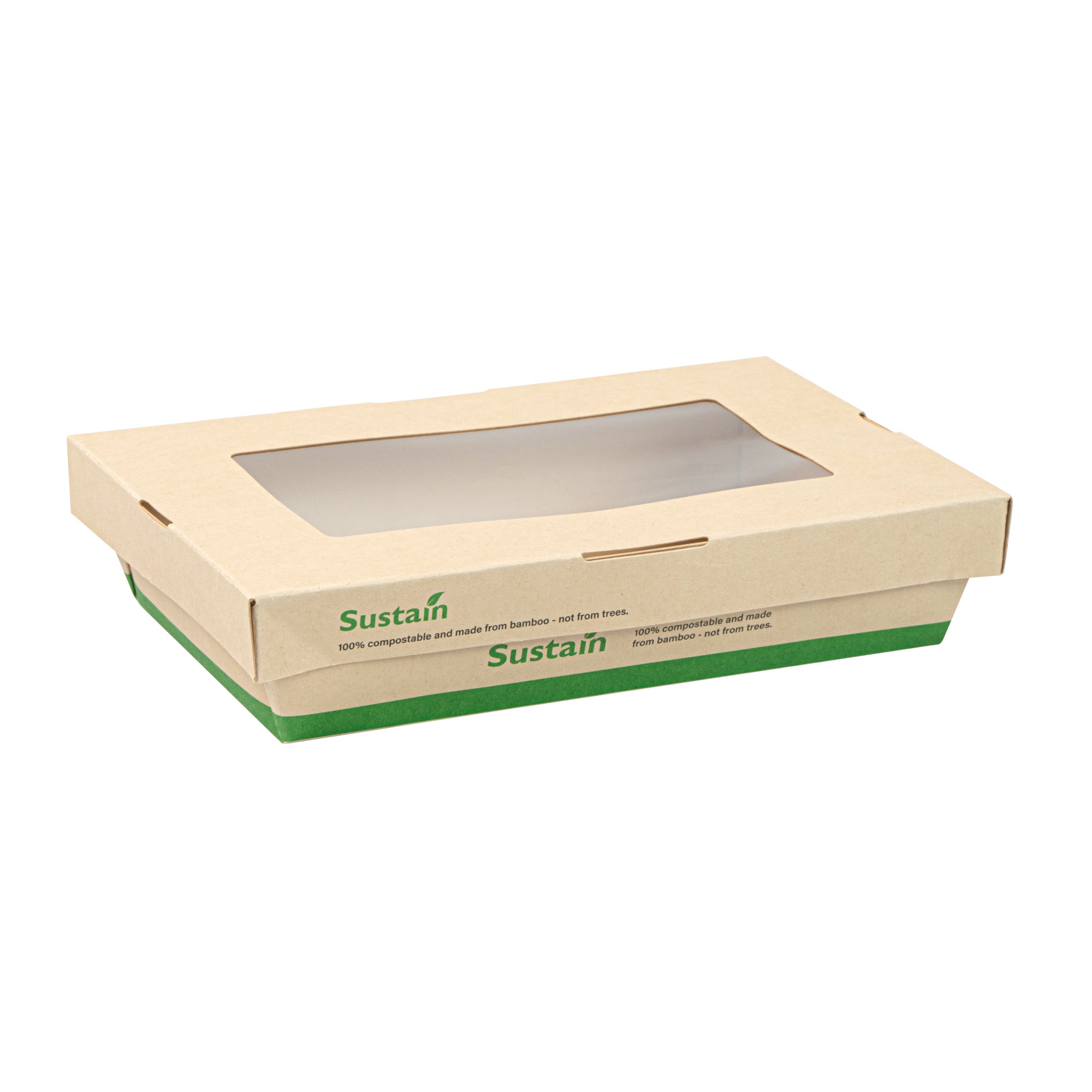 Sustain 28 oz Bamboo Paper Small Take Out Container - with PLA Lining and Window, Compostable - 7 1/2" x 5" x 1 1/2" - 200 count box