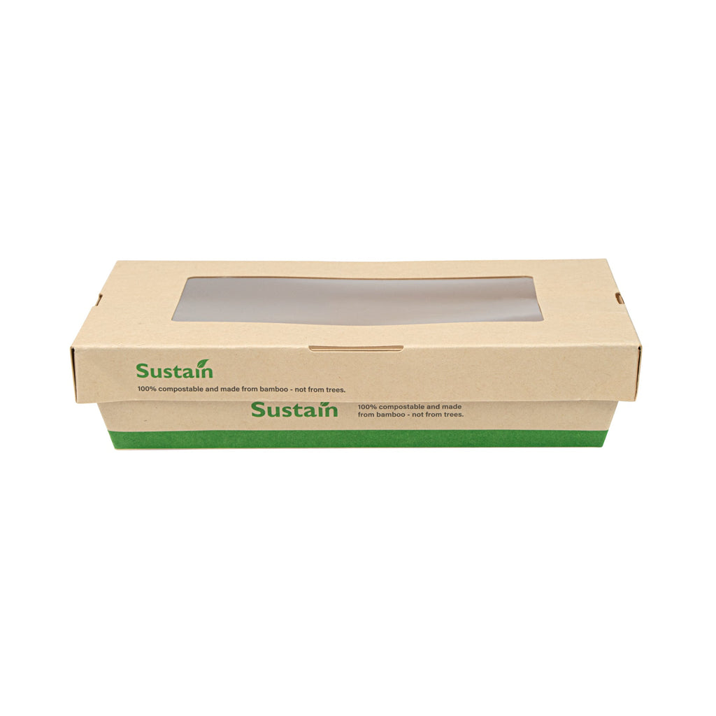 Sustain 28 oz Bamboo Paper Small Take Out Container - with PLA Lining and Window, Compostable - 7 1/2" x 5" x 1 1/2" - 200 count box