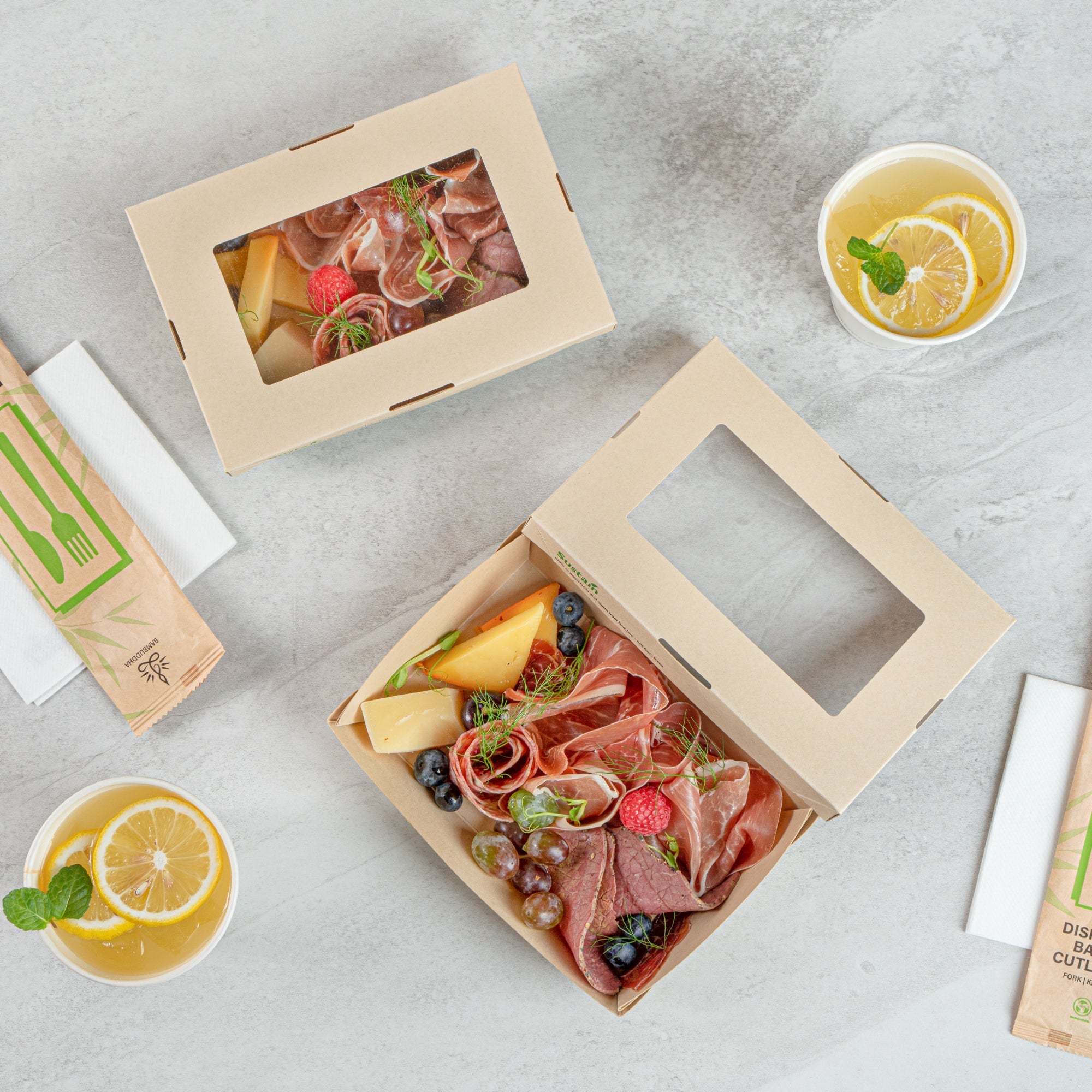 Sustain 28 oz Bamboo Paper Small Take Out Container - with PLA Lining and Window, Compostable - 7 1/2" x 5" x 1 1/2" - 200 count box