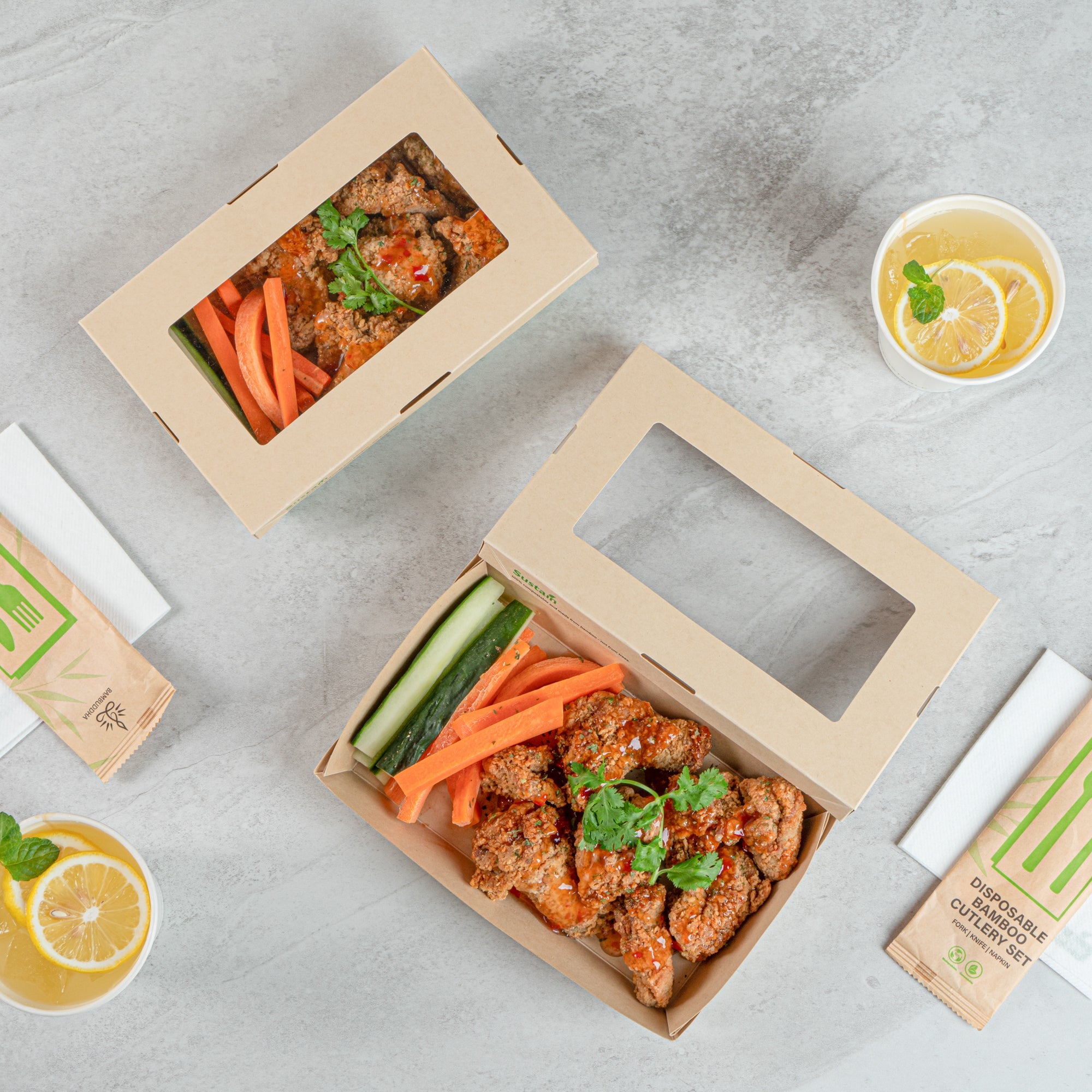 Sustain 34 oz Bamboo Paper Large Take Out Container - with PLA Lining and Window, Compostable - 8 1/2" x 5 1/4" x 1 1/2" - 200 count box