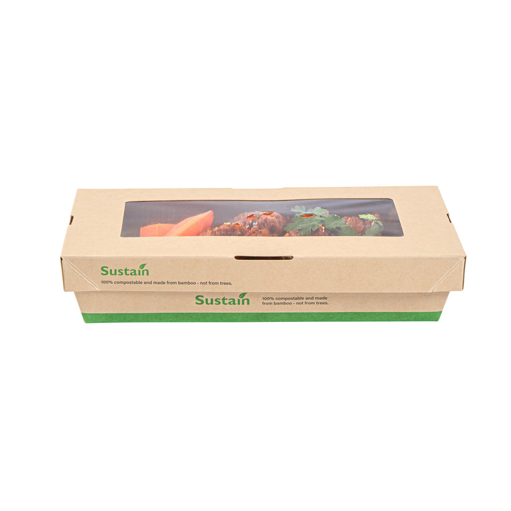 Sustain 34 oz Bamboo Paper Large Take Out Container - with PLA Lining and Window, Compostable - 8 1/2" x 5 1/4" x 1 1/2" - 50 count box