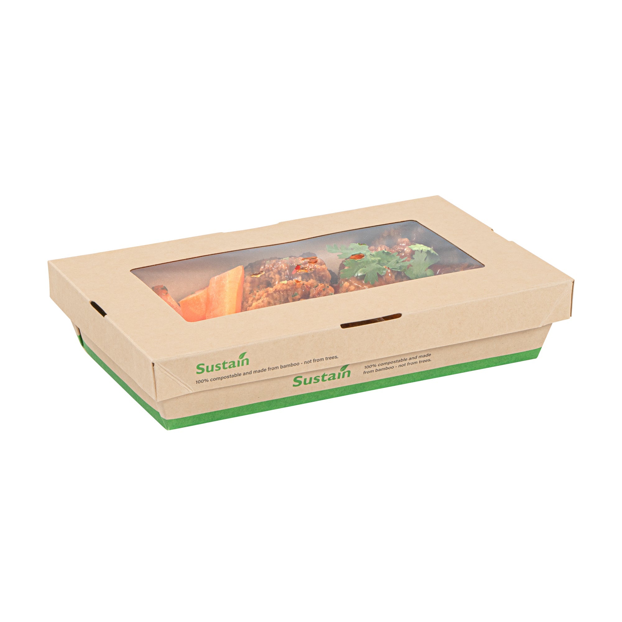Sustain 34 oz Bamboo Paper Large Take Out Container - with PLA Lining and Window, Compostable - 8 1/2" x 5 1/4" x 1 1/2" - 50 count box