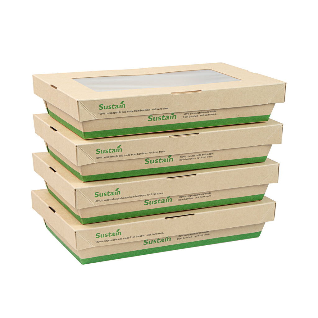 Sustain 34 oz Bamboo Paper Large Take Out Container - with PLA Lining and Window, Compostable - 8 1/2" x 5 1/4" x 1 1/2" - 50 count box