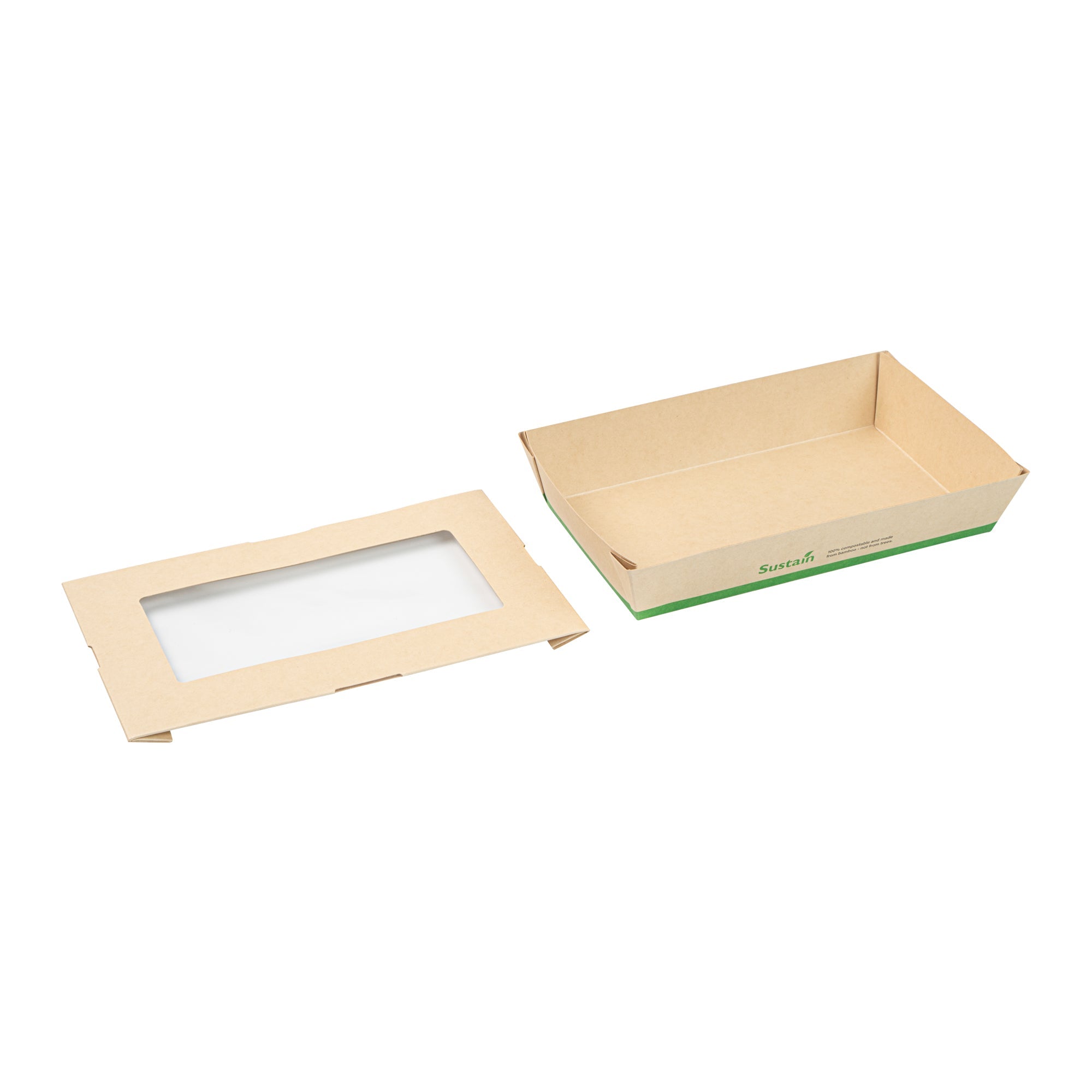 Sustain 34 oz Bamboo Paper Large Take Out Container - with PLA Lining and Window, Compostable - 8 1/2" x 5 1/4" x 1 1/2" - 50 count box