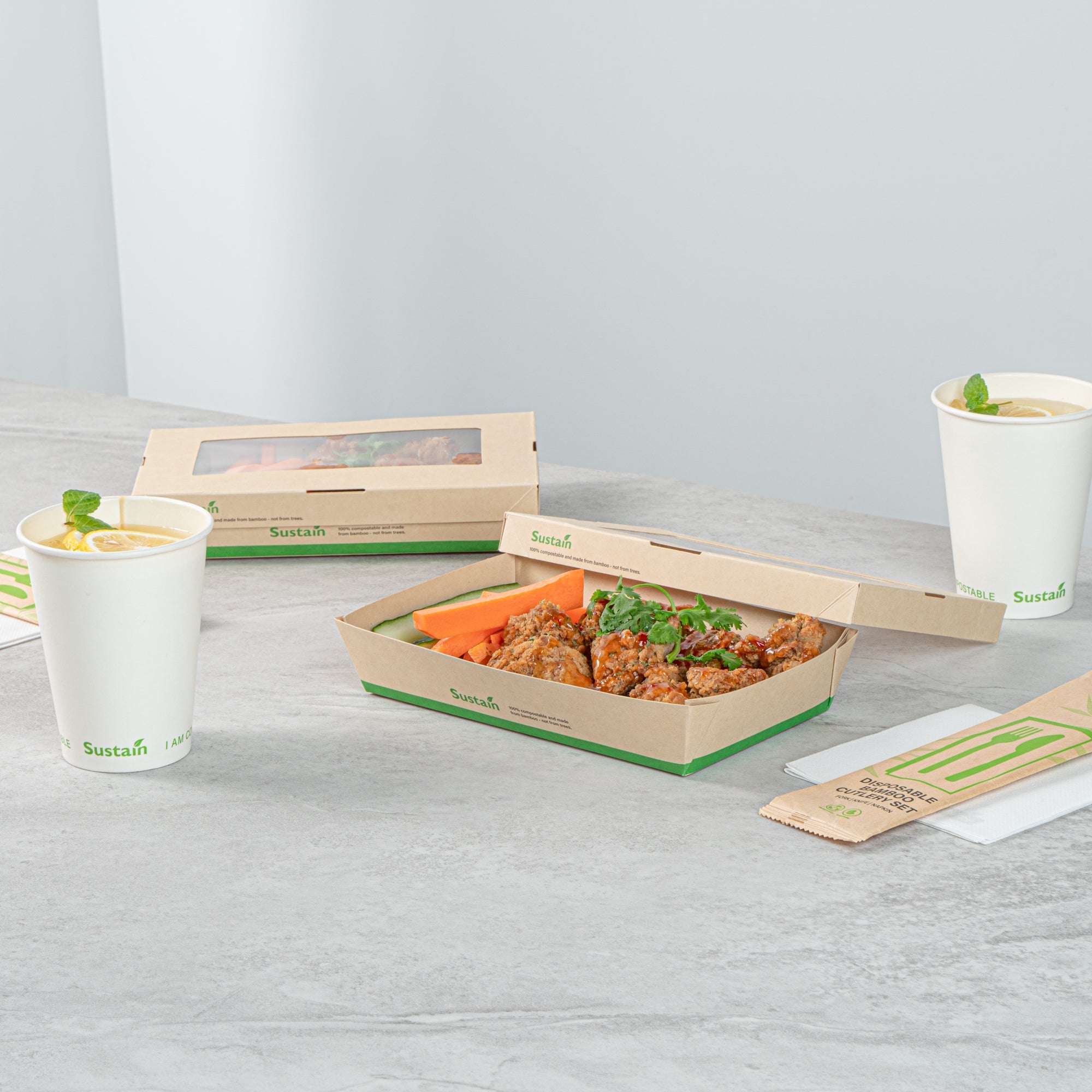 Sustain 34 oz Bamboo Paper Large Take Out Container - with PLA Lining and Window, Compostable - 8 1/2" x 5 1/4" x 1 1/2" - 50 count box