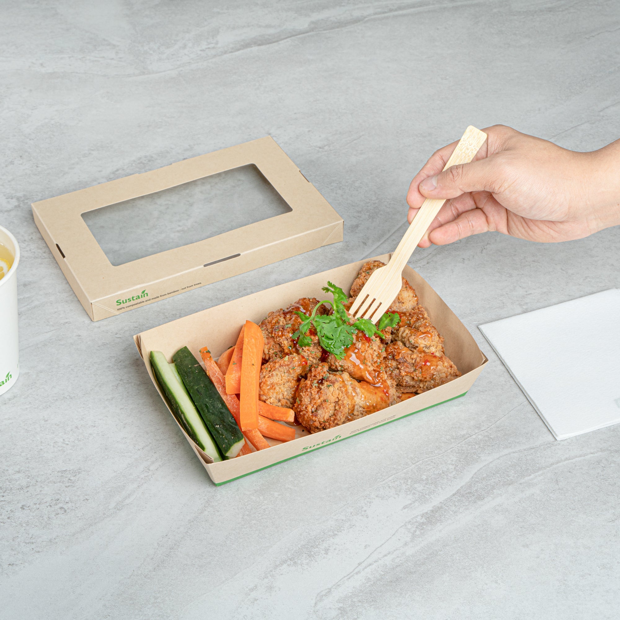 Sustain 34 oz Bamboo Paper Large Take Out Container - with PLA Lining and Window, Compostable - 8 1/2" x 5 1/4" x 1 1/2" - 50 count box