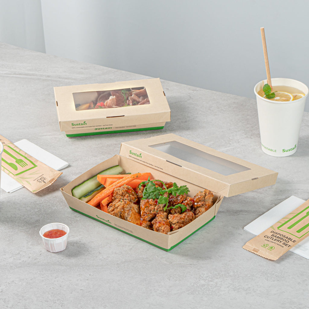 Sustain 34 oz Bamboo Paper Large Take Out Container - with PLA Lining and Window, Compostable - 8 1/2" x 5 1/4" x 1 1/2" - 50 count box
