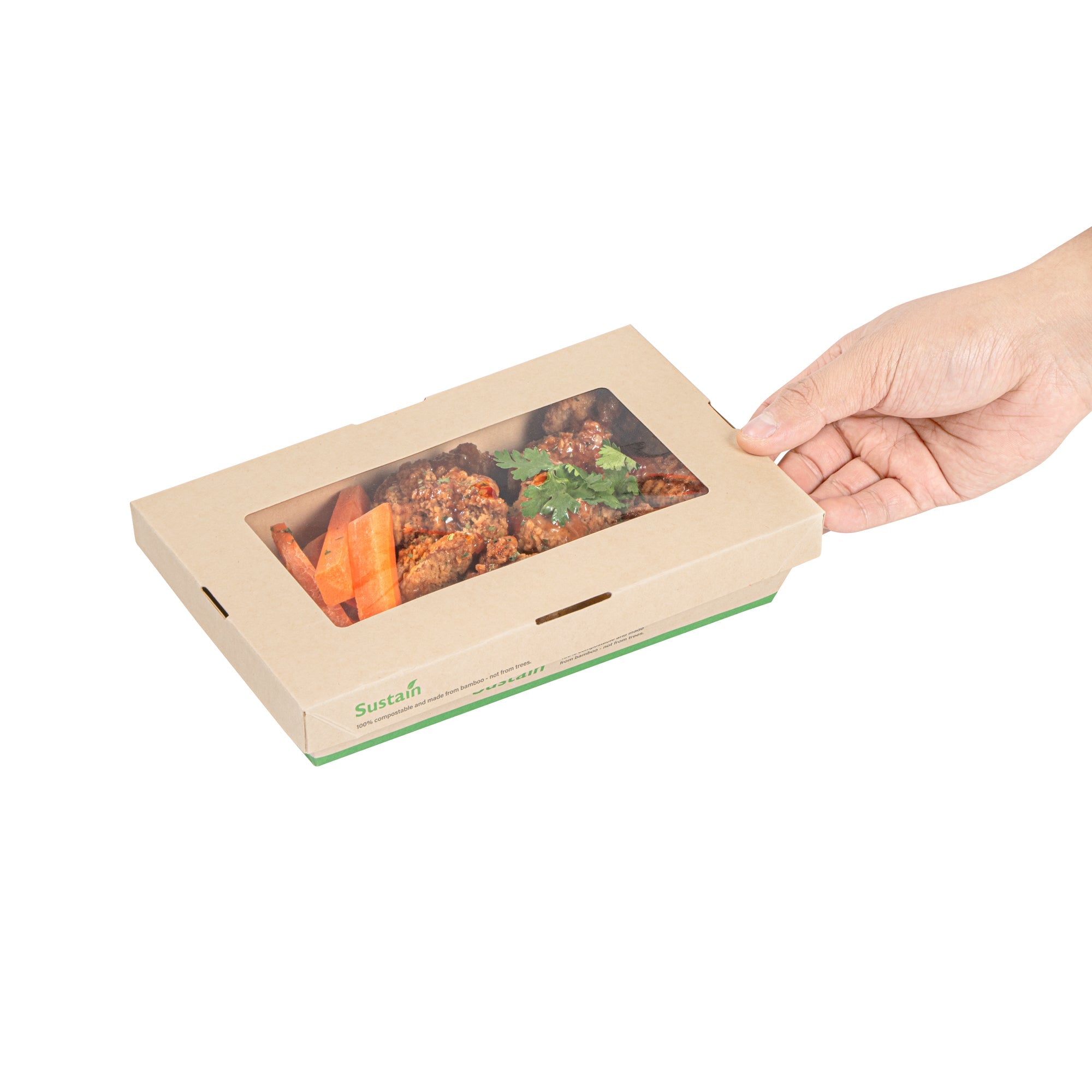 Sustain 34 oz Bamboo Paper Large Take Out Container - with PLA Lining and Window, Compostable - 8 1/2" x 5 1/4" x 1 1/2" - 200 count box